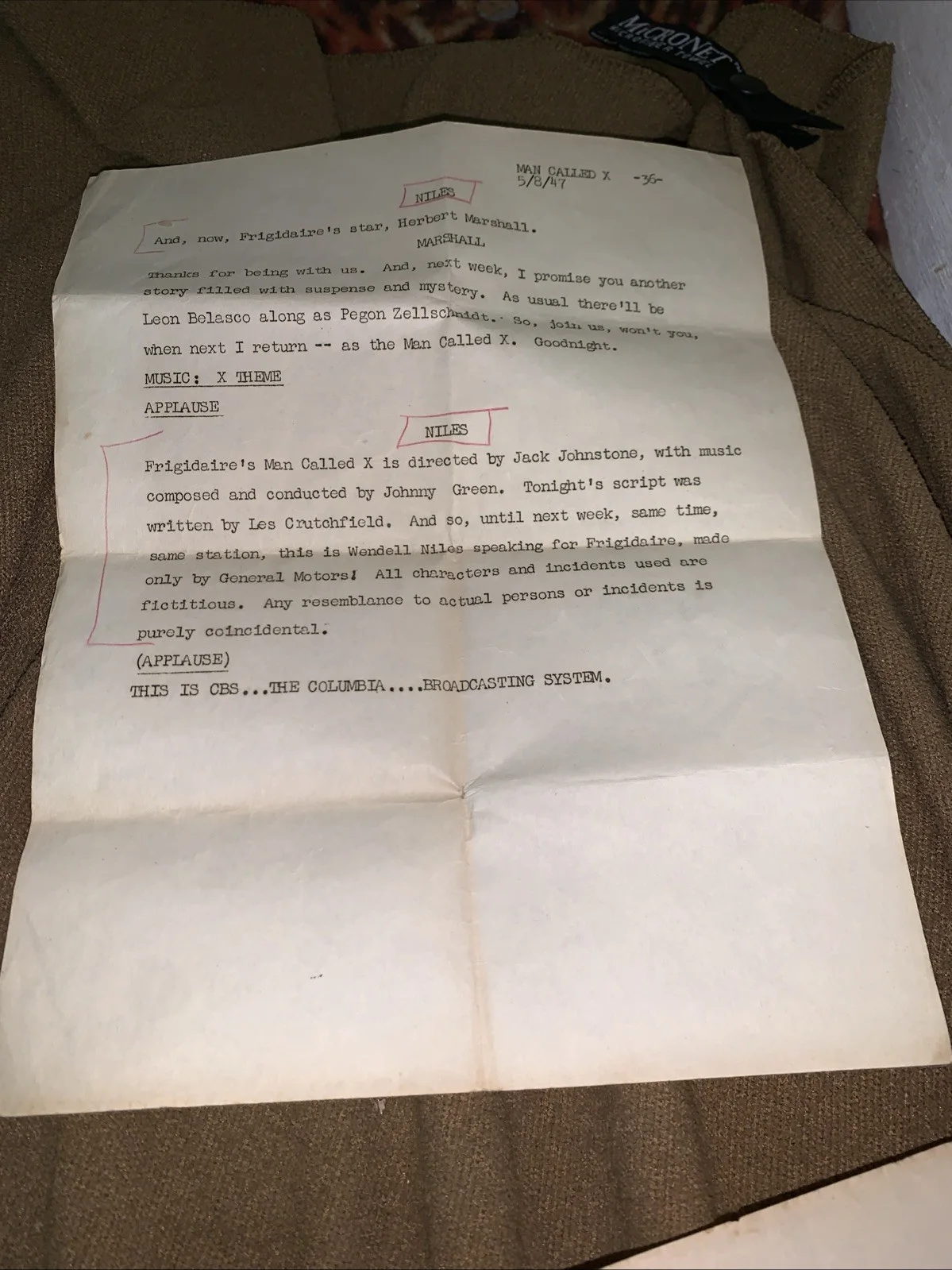 Wendell Niles Signed Man Called X Radio Show Script Pages 1947 Herbert Marshall, image 4