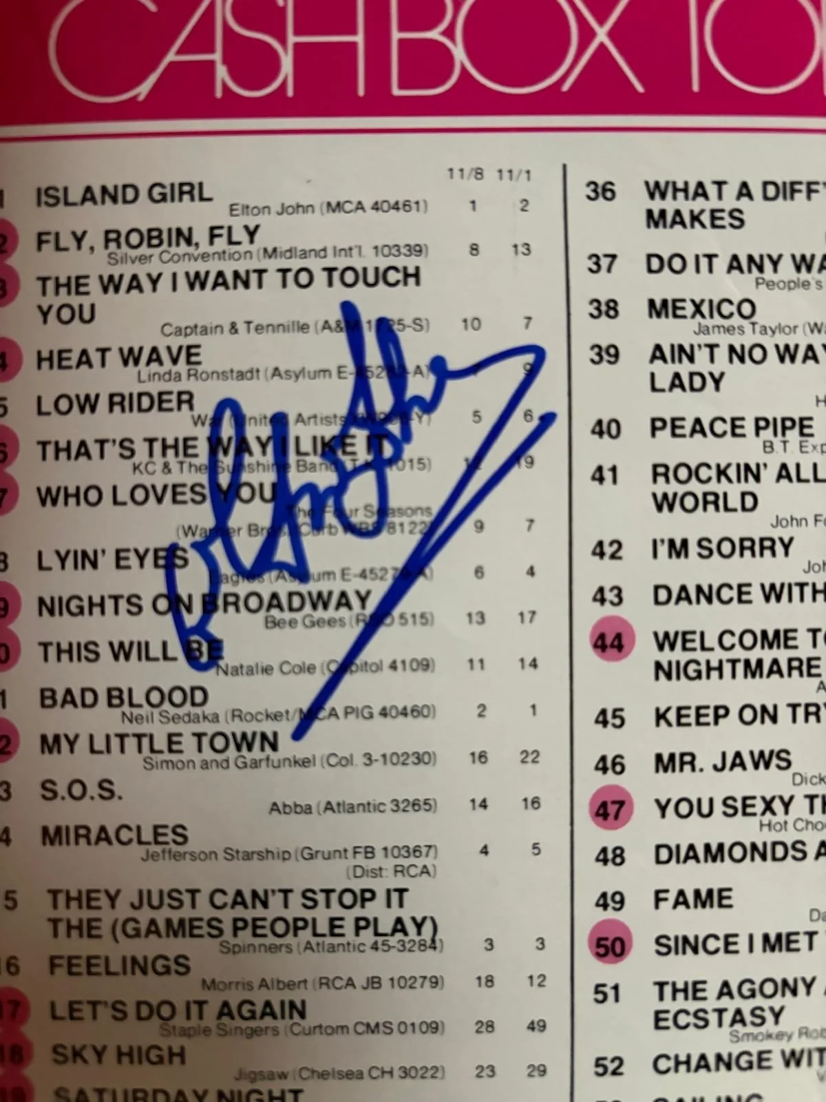 Elton John — ELTON JOHN SIGNED AUTOGRAPHED 11X14 CASHBOX TOP 100 ROCKET MAN VINTAGE PSA, изображение 2