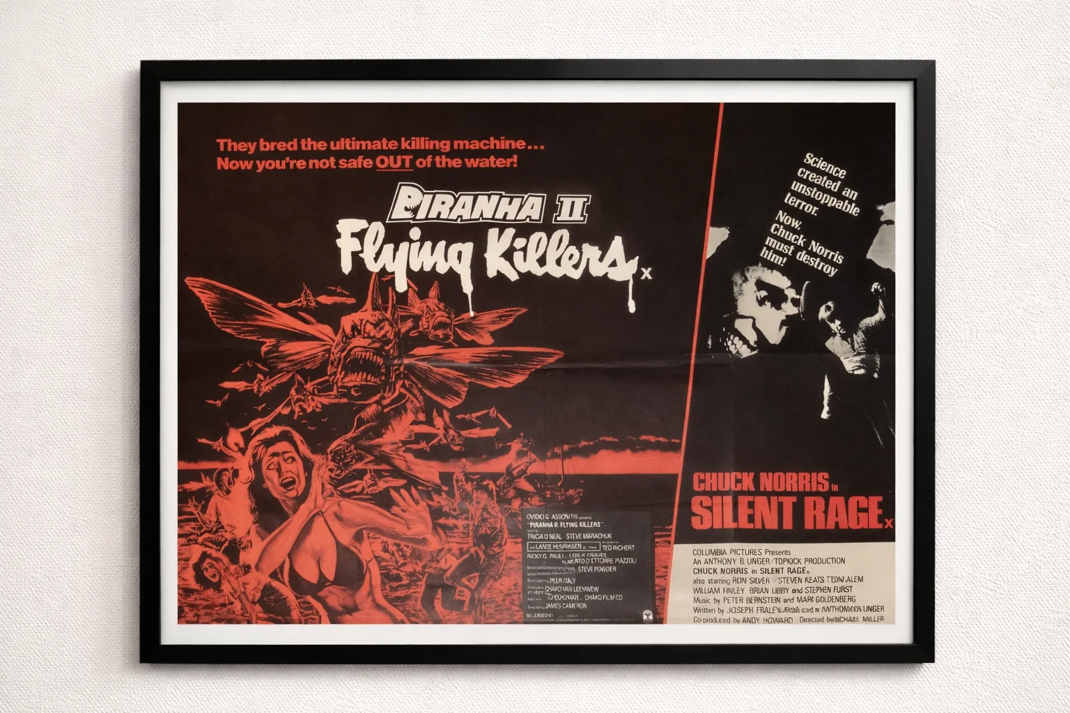 Piranha 2 Silent Rage Original Vintage UK Quad double bill poster Chuck Norris, image 2