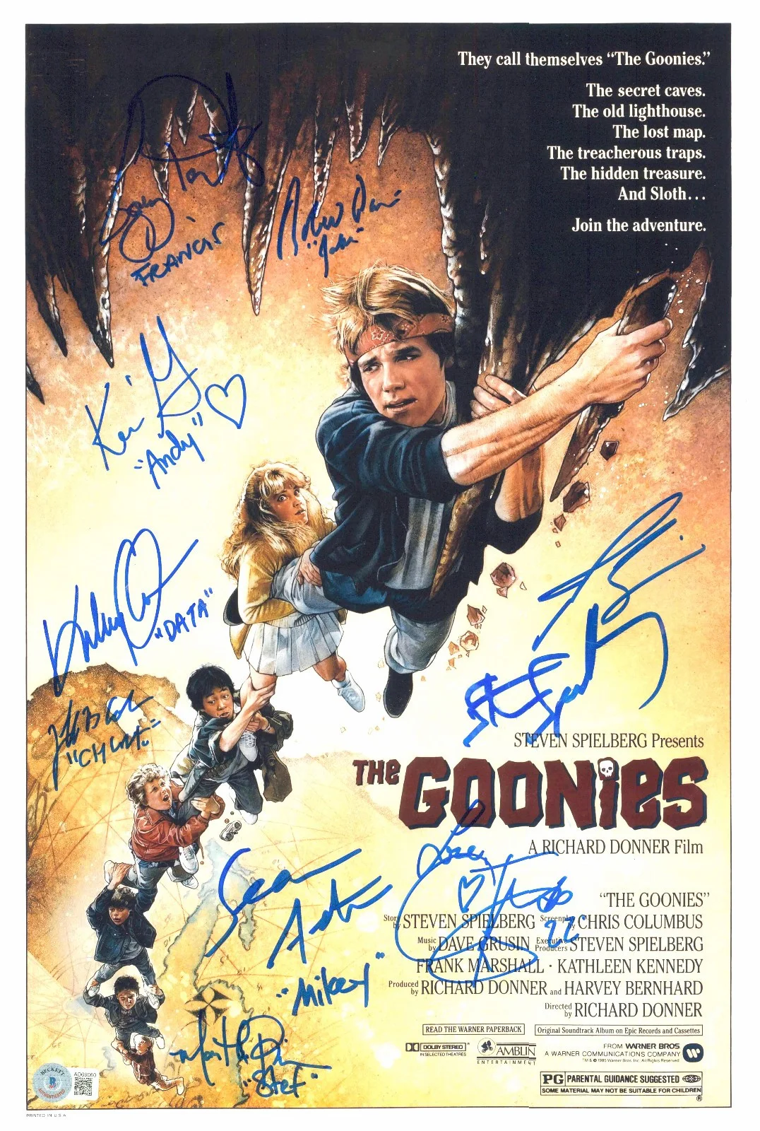 ROB ZOMBIE — GOONIES FULL CAST SIGNED 12X18 PHOTO 9 AUTOGRAPHS BROLIN FELDMAN BECKETT LOA