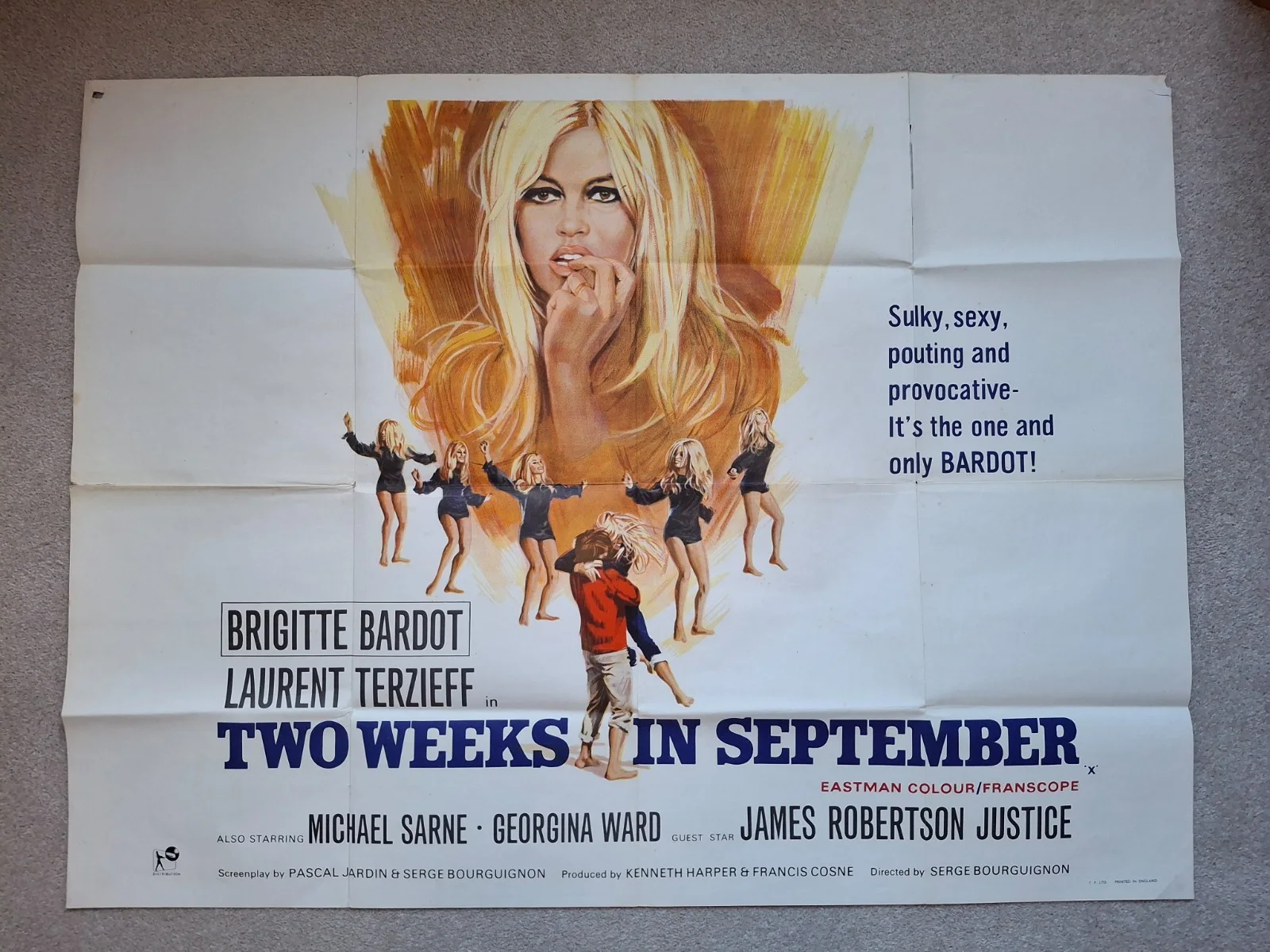 TWO WEEKS IN SEPTEMBER 1967 Brigitte Bardot, Laurent Terzieff UK QUAD POSTER, изображение 2