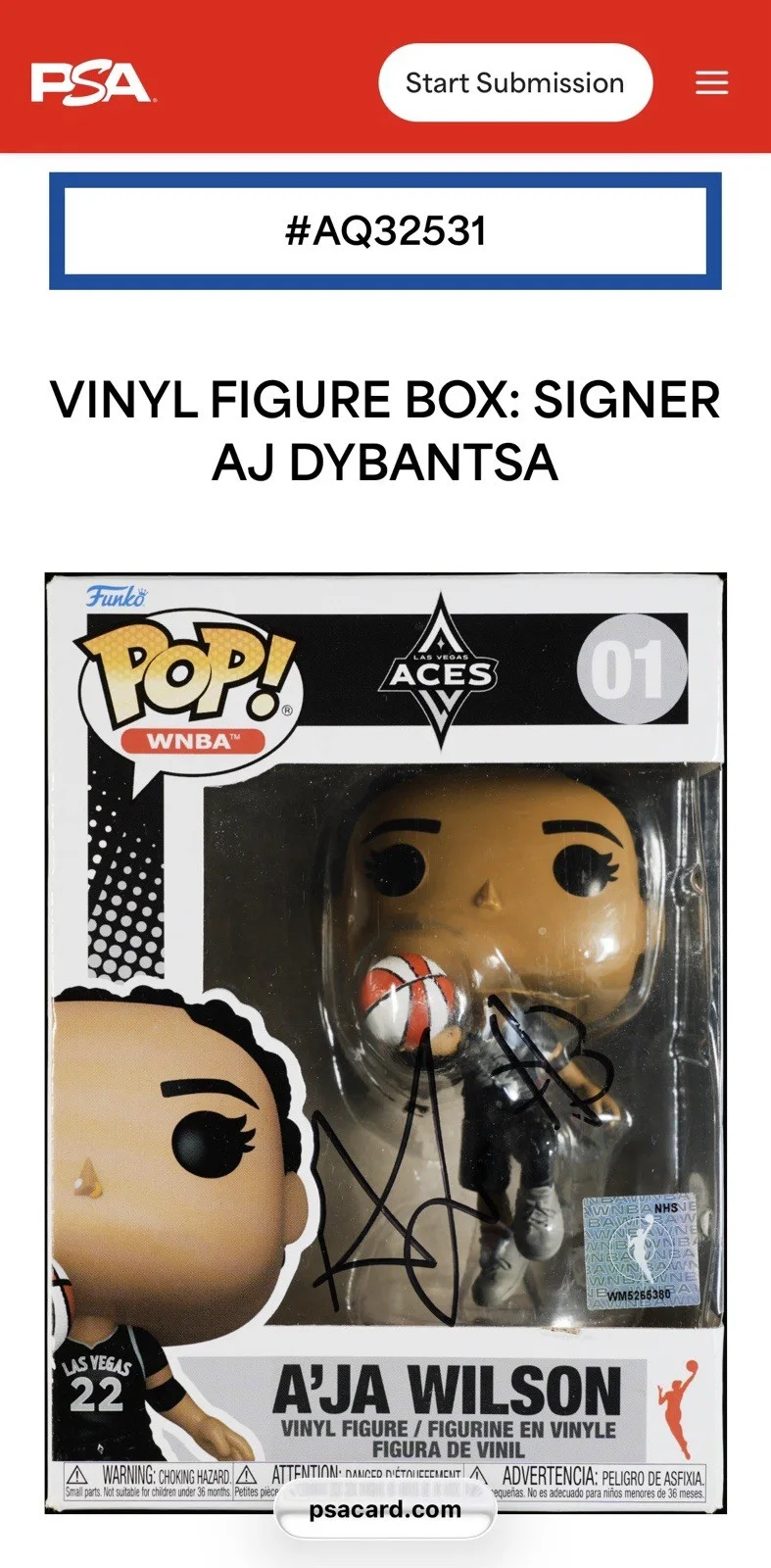 AJ DYBANSTA SIGNED FUNKO POP WINDOW AJA WILSON PSA DNA AUTHENTIC AUTOGRAPH BYU, изображение 4