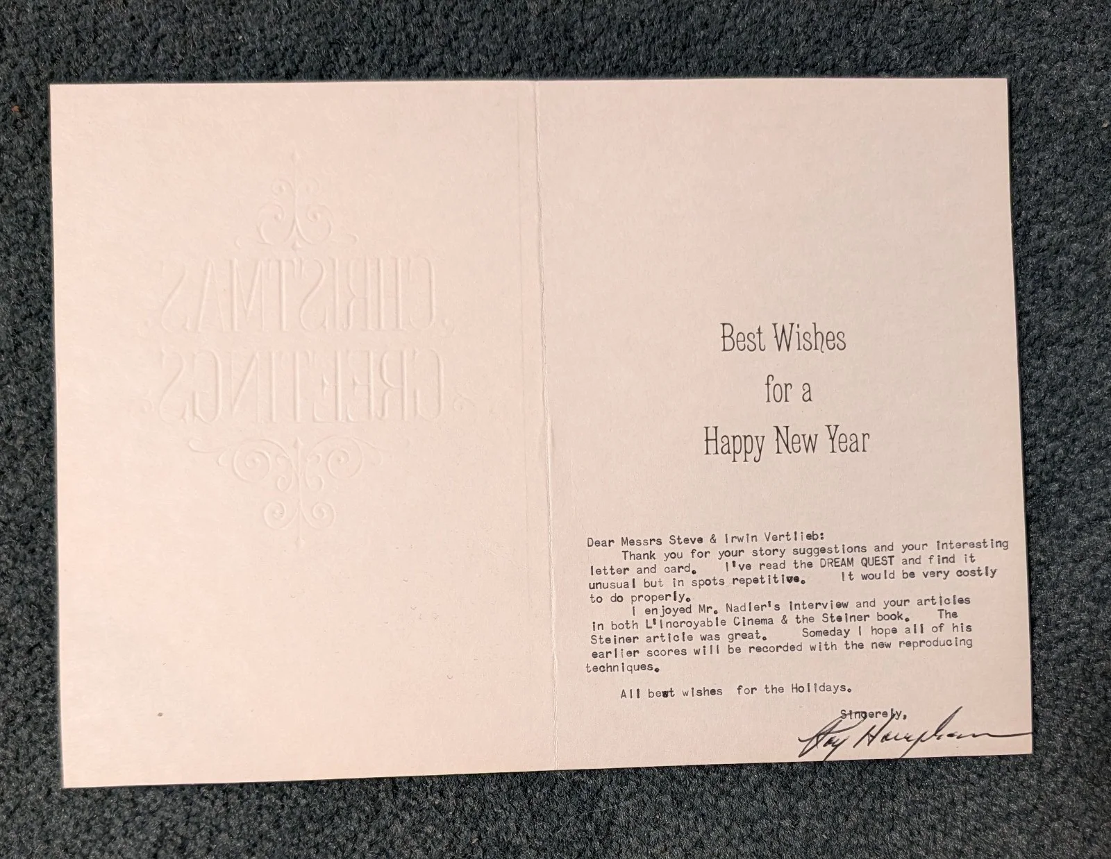 Ray Harryhausen — FILM EFFECTS animator RAY HARRYHAUSEN typed & AUTOGRAPHED 4x6 CHRISTMAS CARD!, изображение 3
