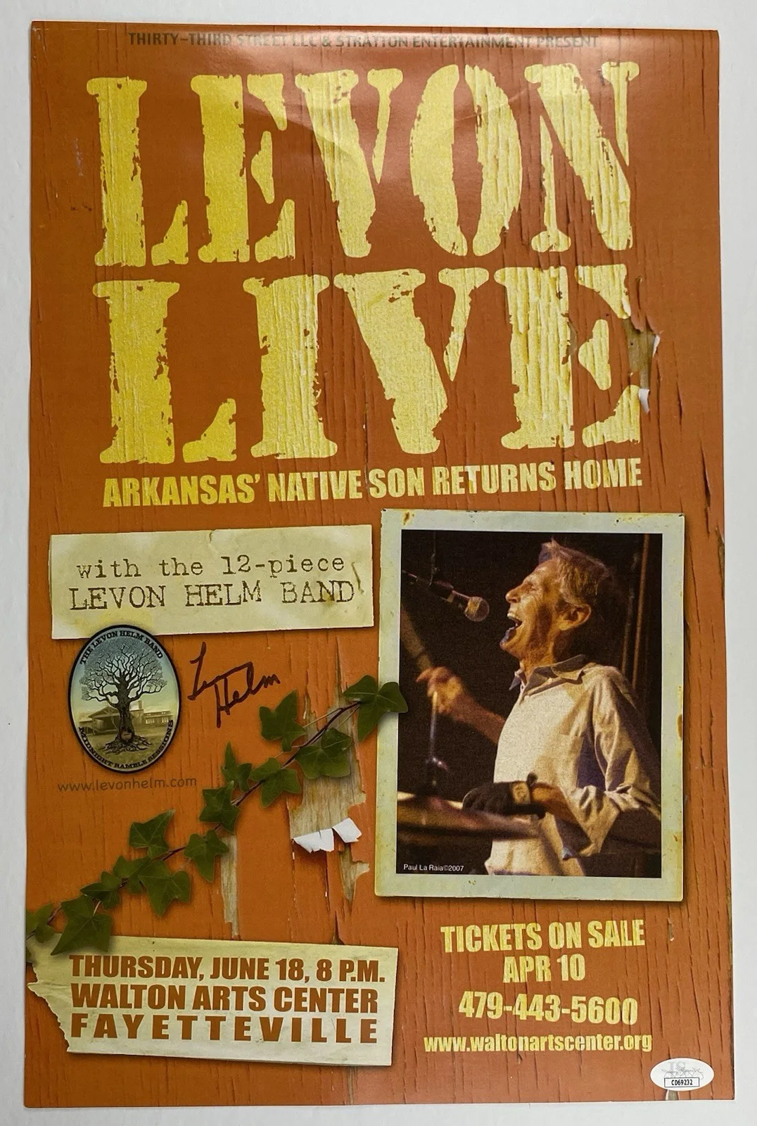 Levon Helm SIGNED 11x17 Poster Fayetteville Arkansas THE BAND JSA COA Autograph, image 2
