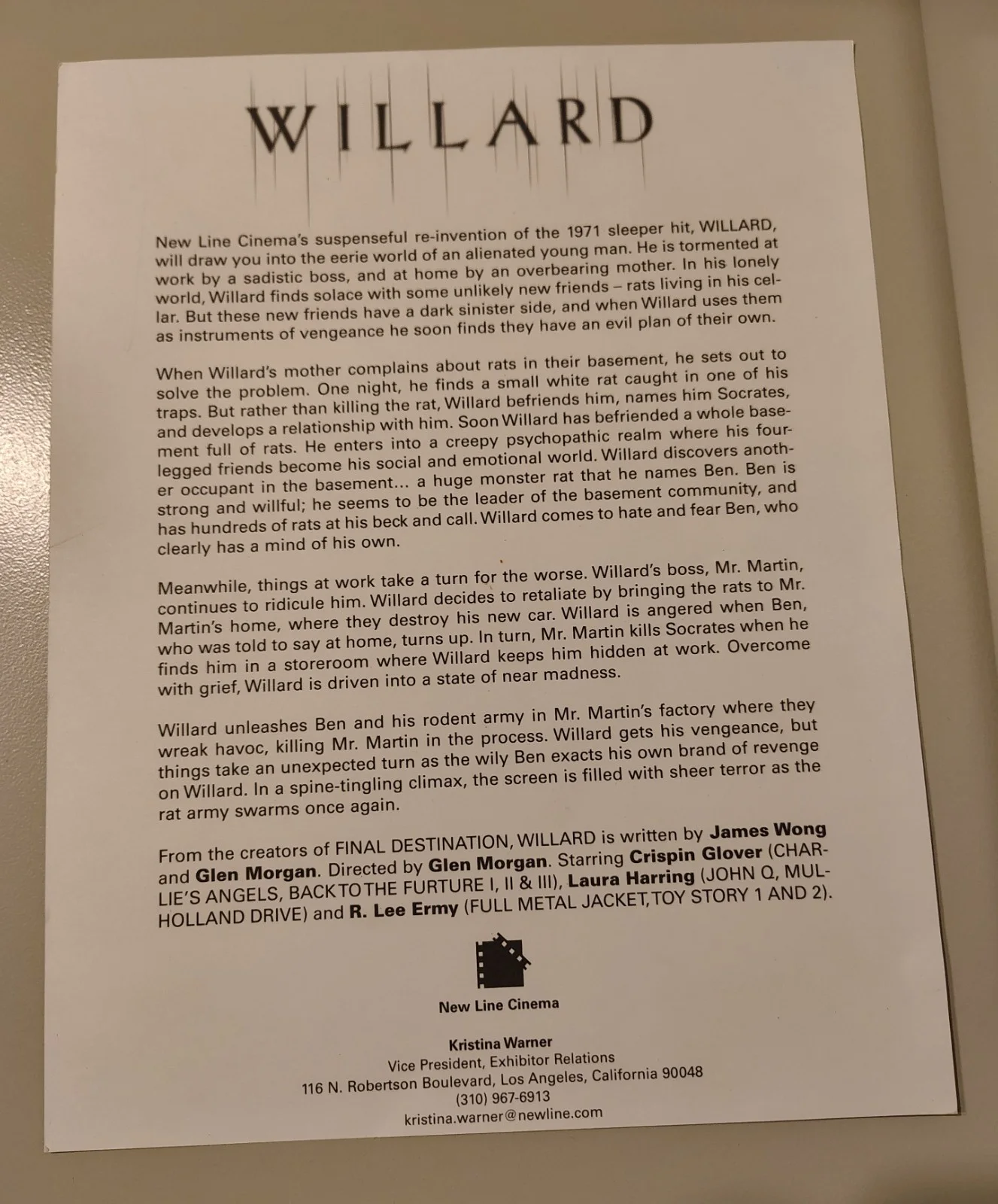 Crispin Glover — Authentic Crispin Glover Signed Willard 2003 Movie Promo Photo Press Still, изображение 3