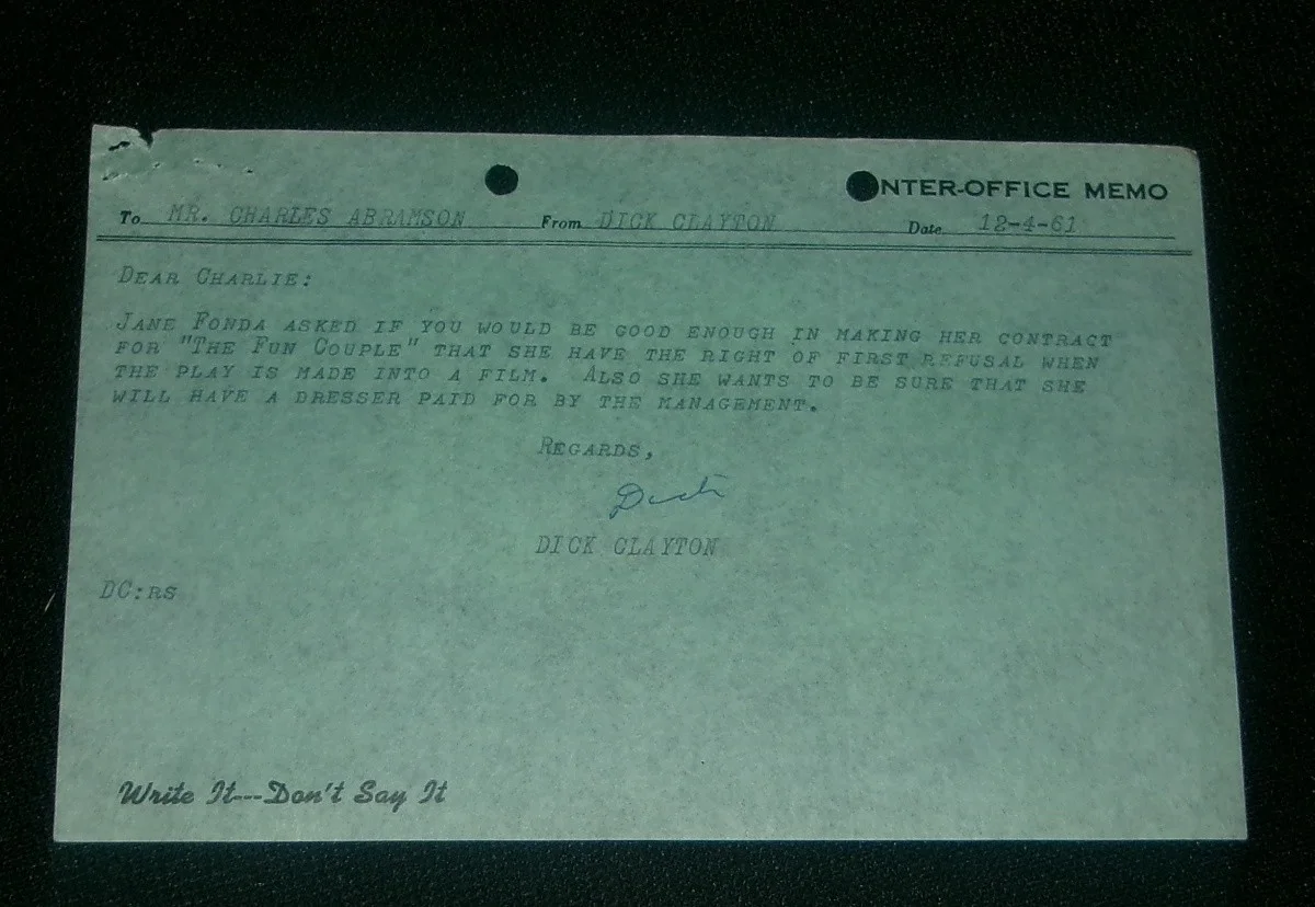 JANE FONDA FUN COUPLE Inter-Office Memo AGENT DICK SHELTON To CHARLES ABRAMSON, изображение 2