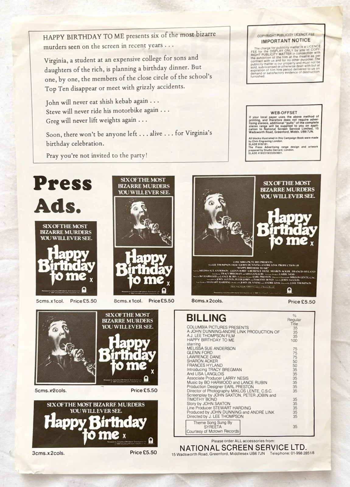 Happy Birthday to Me 1981 - A4 EXHIBITORS CAMPAIGN & Press Ads SHEET, image 2
