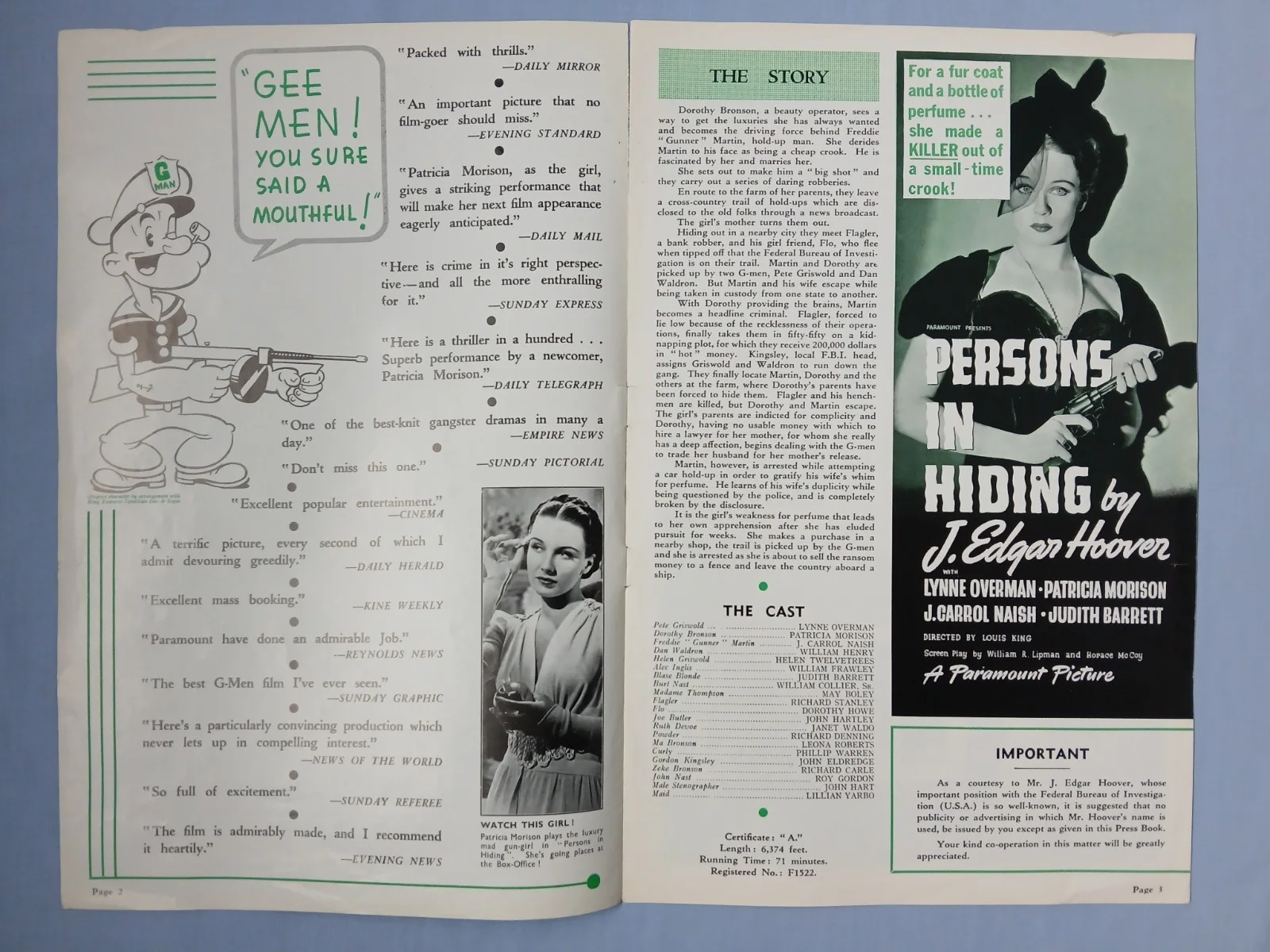 PERSONS IN HIDING (1939) rare original UK Campaign Press Book - J. Edgar Hoover, image 2