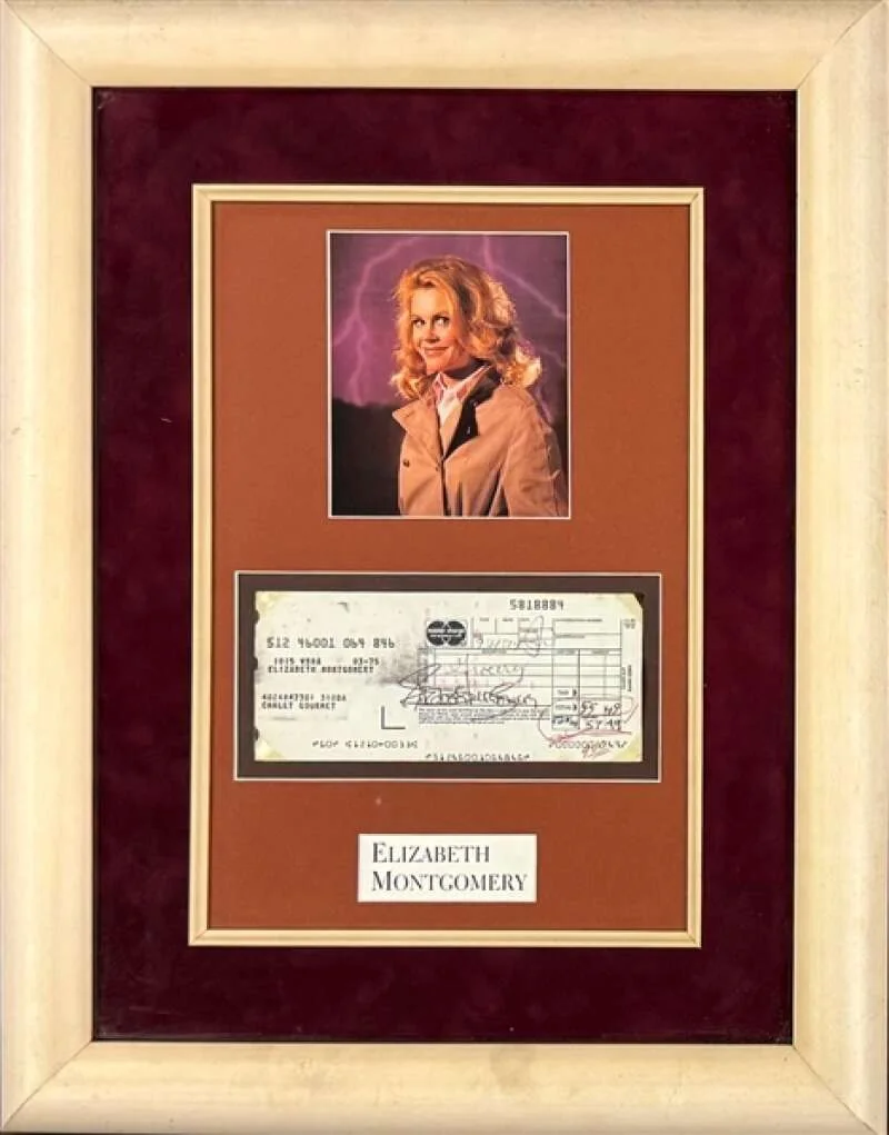 Elizabeth Montgomery — Elizabeth Montgomery Beckett BAS Signed 1974 Master Charge Receipt Framed 15x20