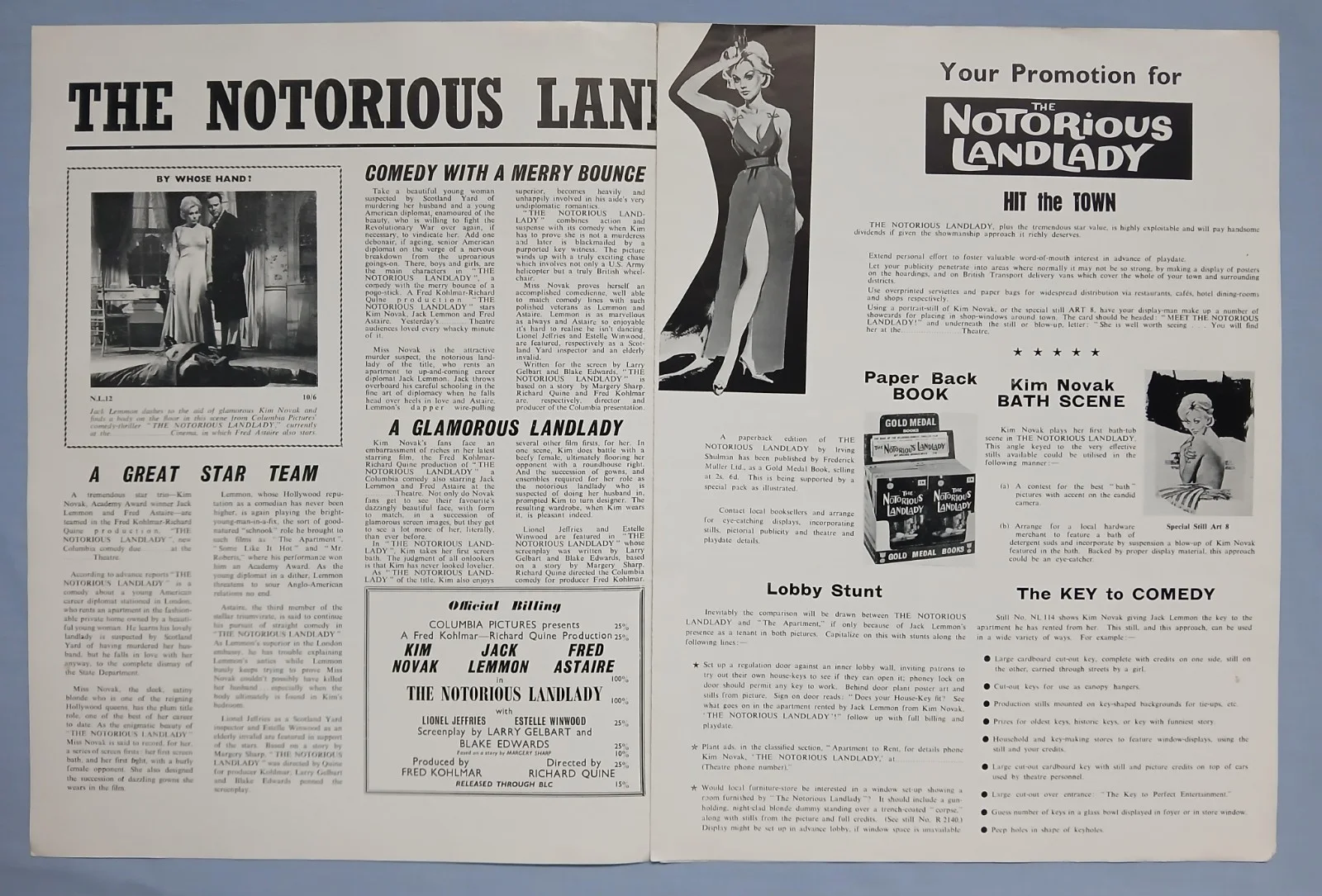 NOTORIOUS LANDLADY (1961)rare orig UK Campaign Press Book - Novak,Lemmon,Astaire, изображение 2