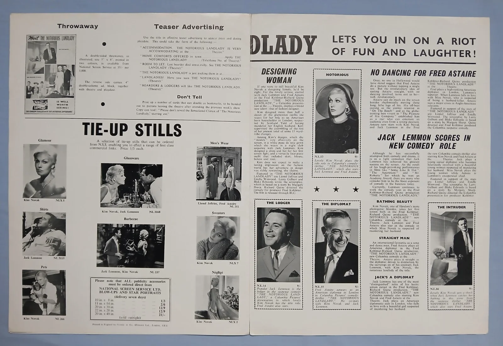 NOTORIOUS LANDLADY (1961)rare orig UK Campaign Press Book - Novak,Lemmon,Astaire, изображение 4