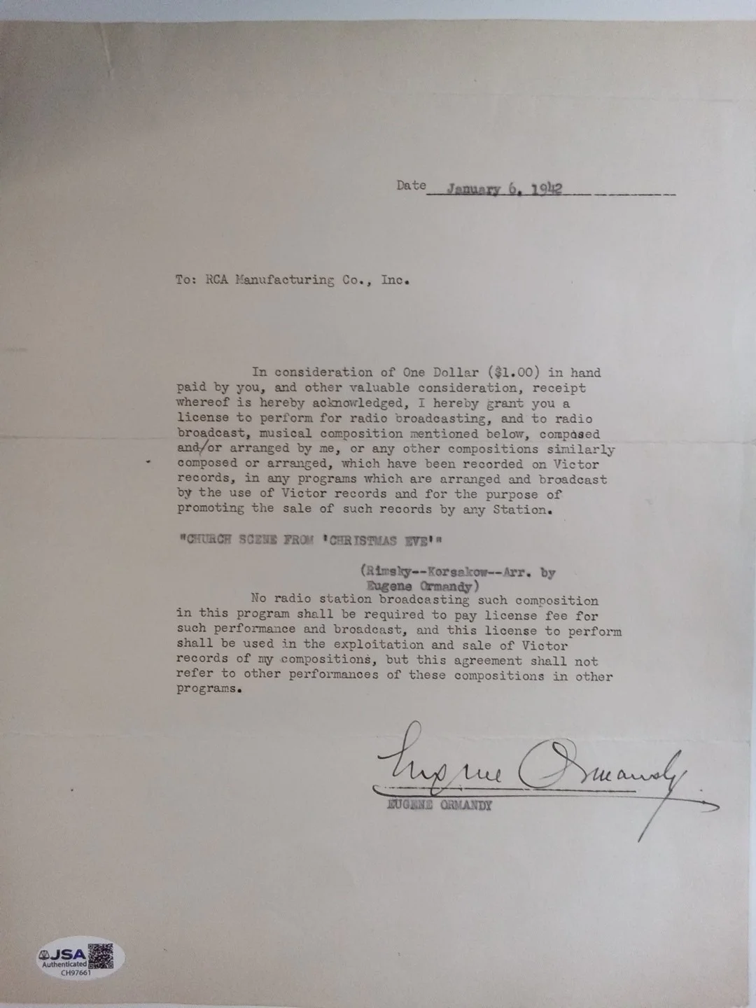 Eugene Ormandy Signed Letterhead Philadelphia Orchestra Conductor JSA, image 2