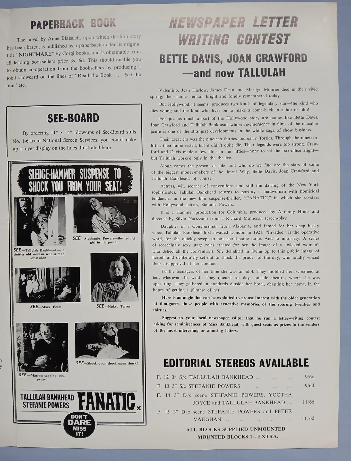 FANATIC (Die Die My Darling)1965 rare orig UK Campaign Press Book -Hammer Horror, изображение 5
