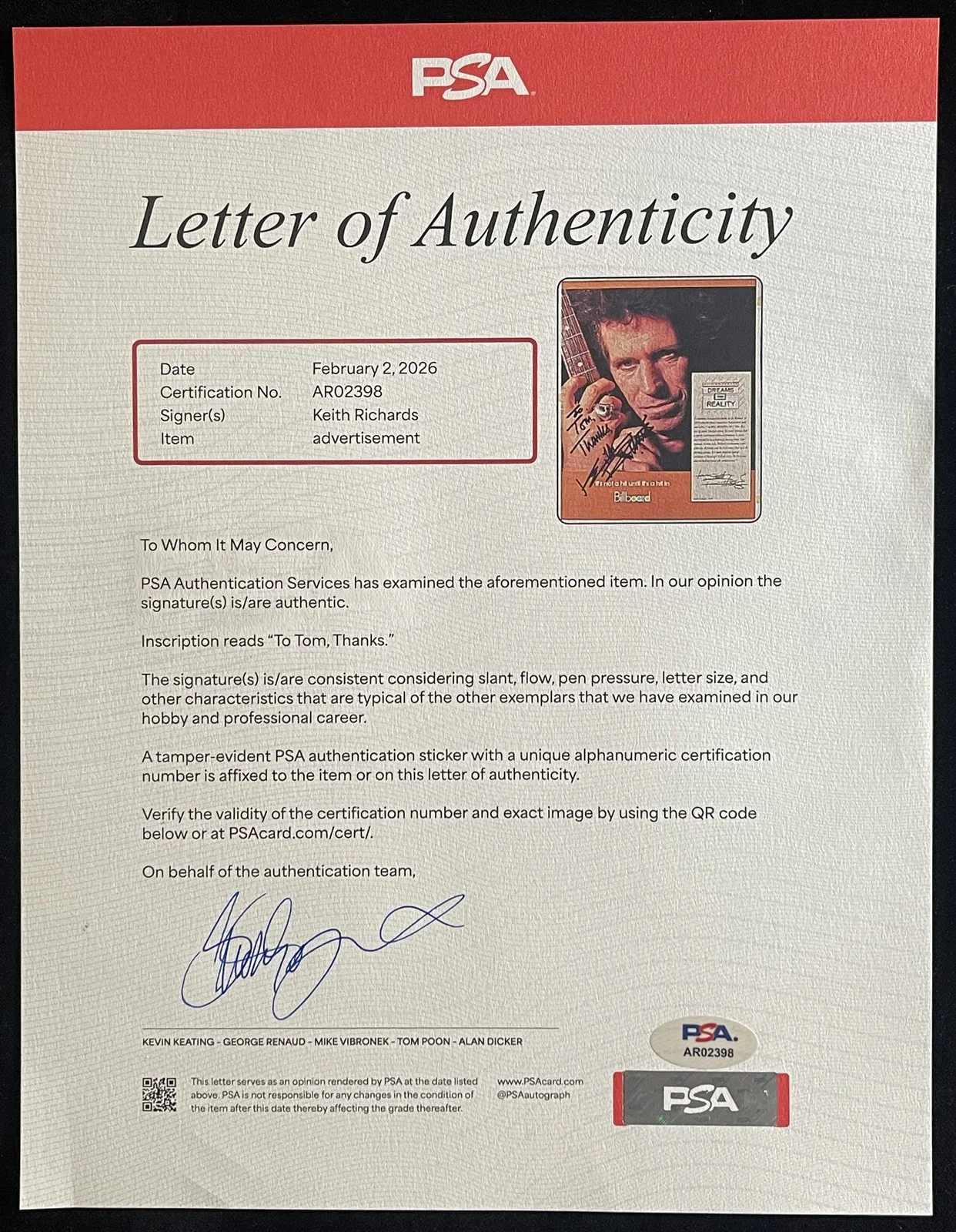 Keith Richards Signed/Inscribed 11.5x14 Billboard Magazine Photo PSA/DNA 205166, изображение 3