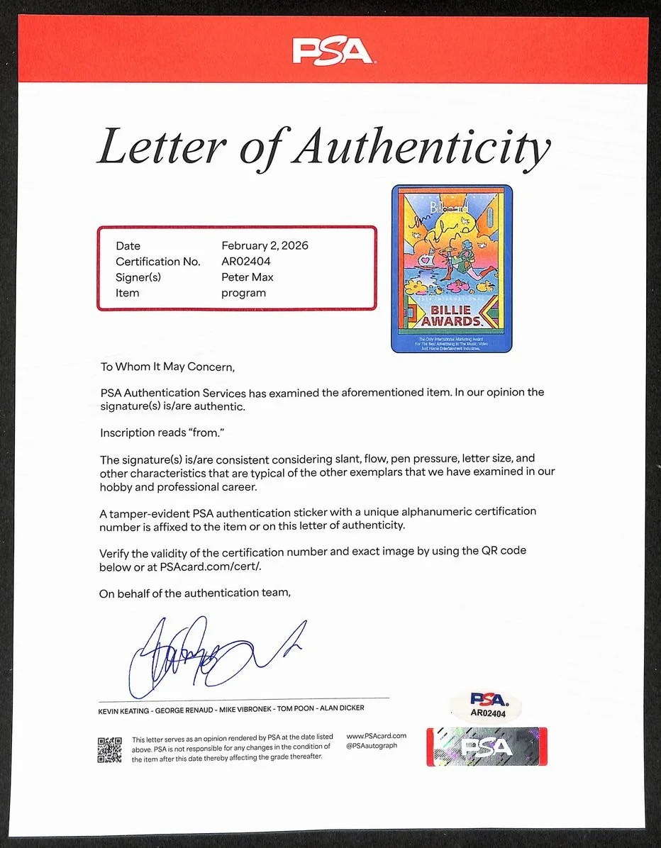 Peter Max Signed/Auto 1994 International Billie Awards Program PSA/DNA 205143, image 3
