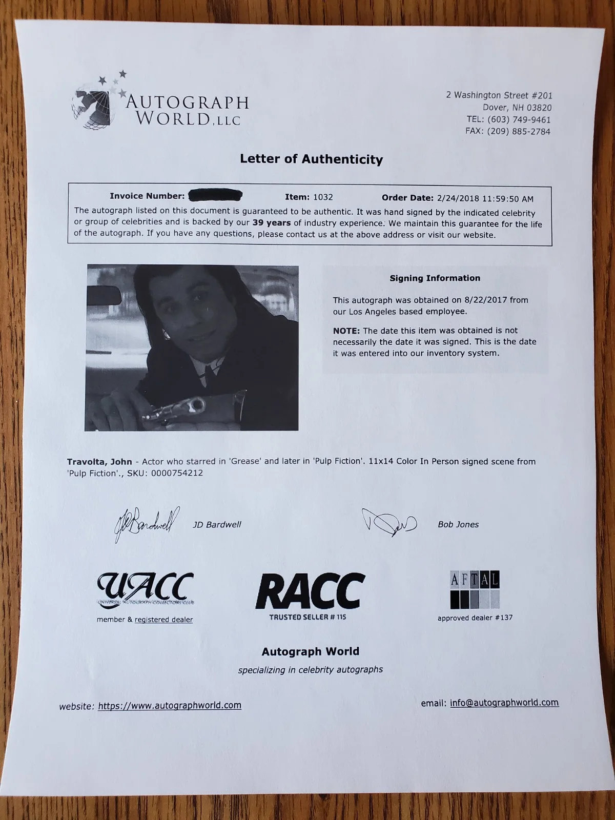 John Travolta — JOHN TRAVOLTA in PULP FICTION 11X14 Autographed Photo w/Letter of Authenticity, image 3