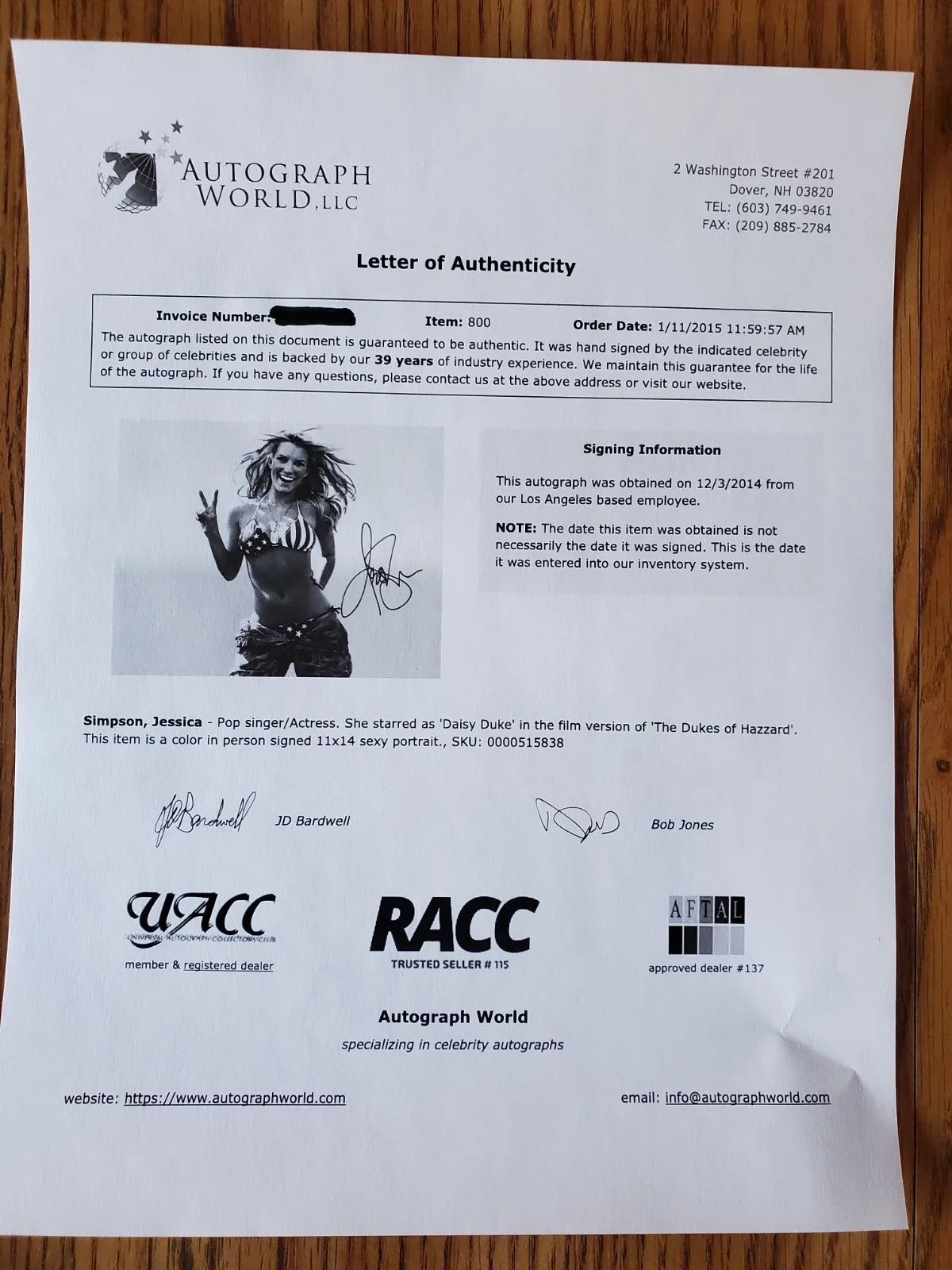 Jessica Simpson — JESSICA SIMPSON 11X14 Autographed Photo with Letter of Authenticity, image 3