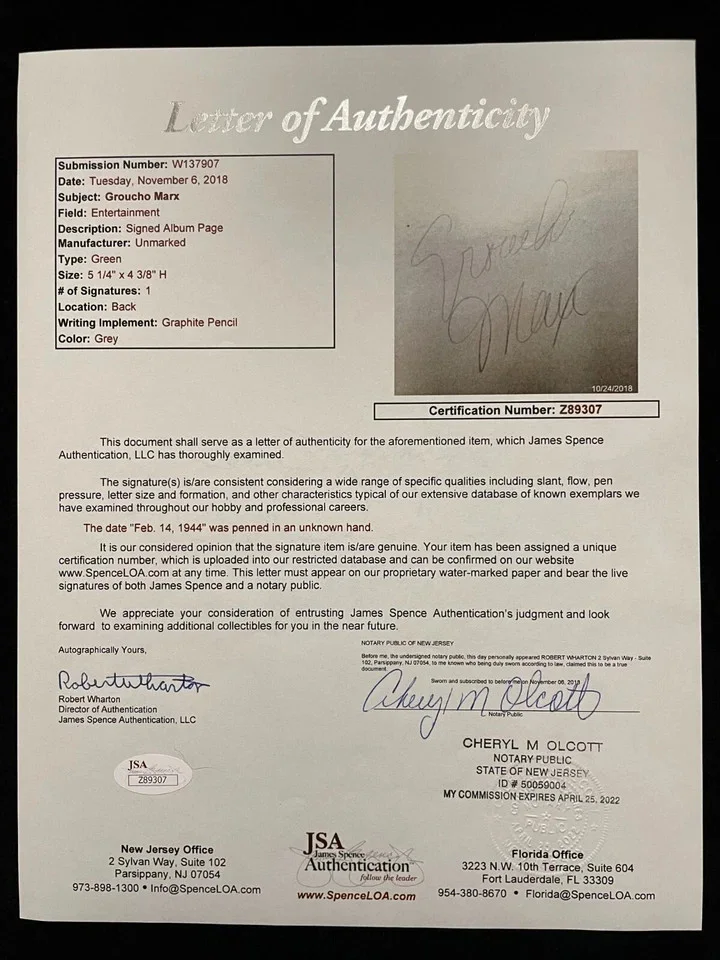 Groucho Marx — 2018 Leaf Executive Groucho Marx Autograph Cut Auto Signed PSA DNA JSA BAS, image 4