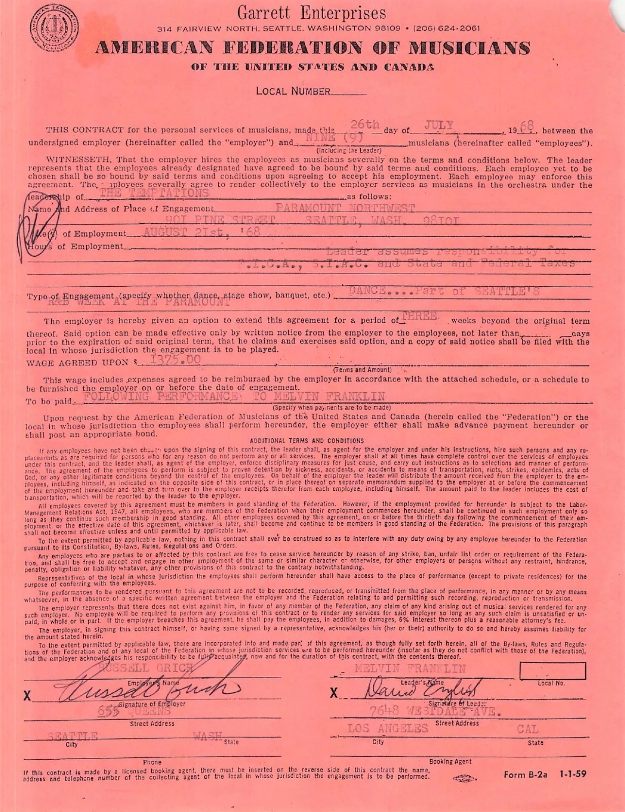 🎶Temptations Signed Music Contract Franklin Kendrick Williams Williams Edwards, image 2