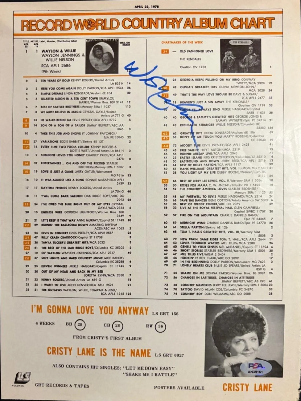 Willie Nelson — WILLIE NELSON SIGNED AUTOGRAPHED 11X14 MAGAZINE PAGE COUNTRY MUSIC CHART PSA