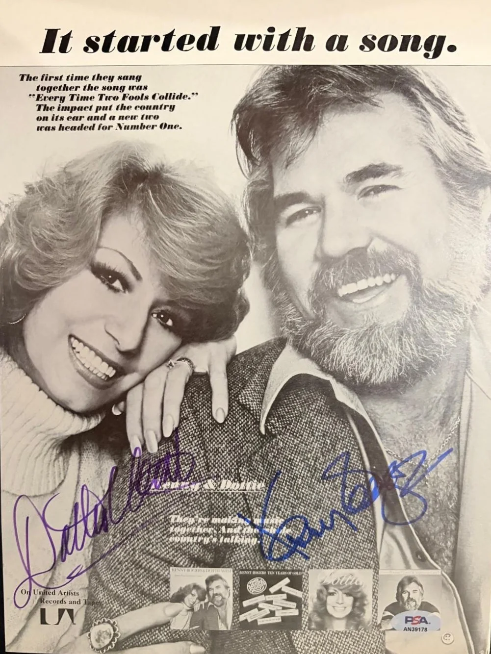 KENNY ROGERS & DOTTIE WEST — KENNY ROGERS & DOTTIE WEST SIGNED AUTOGRAPHED 11X14 MAGAZINE PAGE COUNTRY PSA
