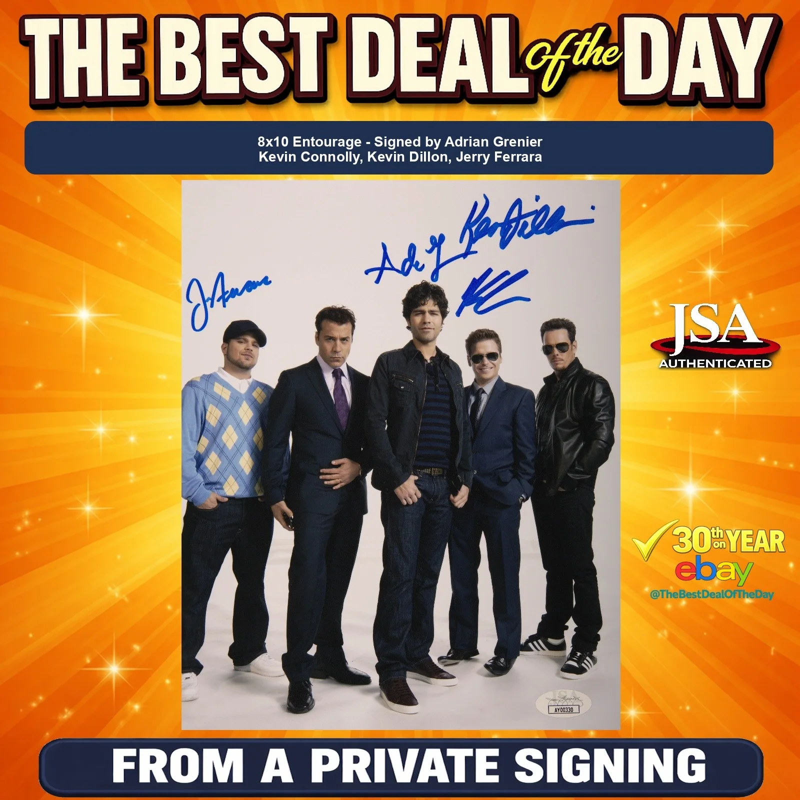 Adrian Grenier, Kevin Connolly, Jerry Ferrara & Kevin Dillon — Grenier, Connolly, Ferrara & Dillon Signed 8x10 Photo JSA COA Private Signing