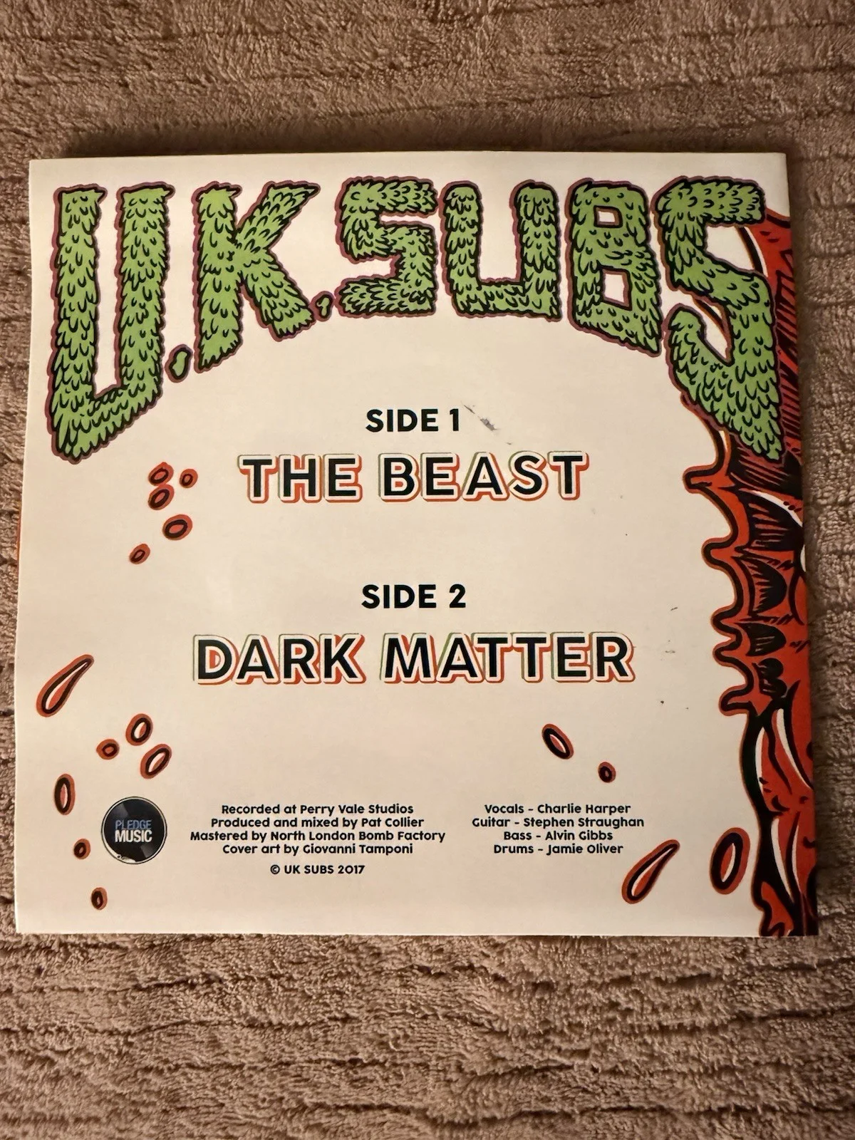 UK Subs The Beast Signed Red Vinyl Record with Patch and Pin, image 5