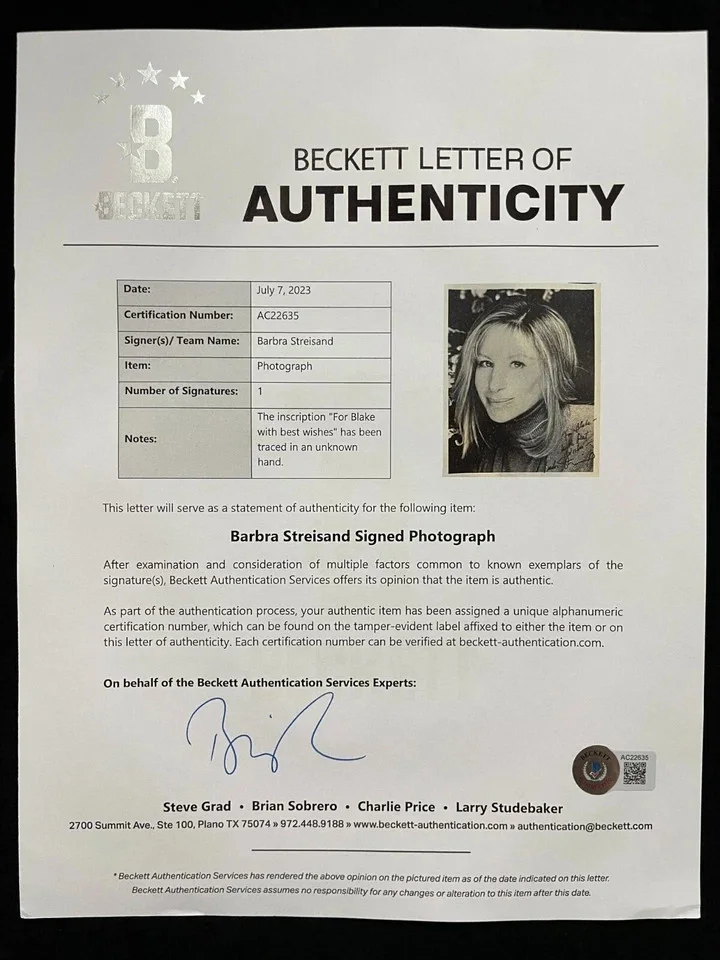 Barbra Streisand — Barbra Streisand Signed Autographed 8 x 10 Photo BECKETT BAS LOA, изображение 3