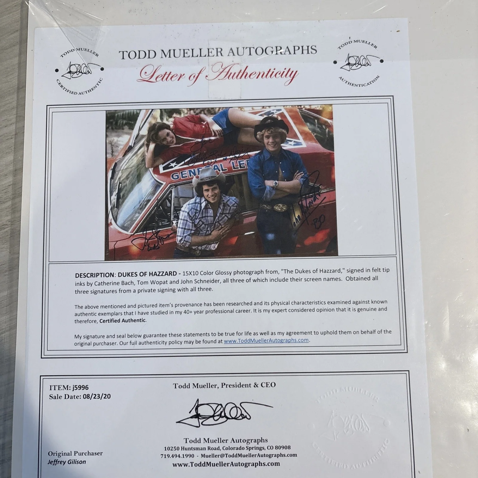 Catherine Bach, Tom Wopat, John Schneider — Dukes Of Hazzard Cast By All (3) Authentic Signed 15” x 10" Photo Mueller COA, изображение 5