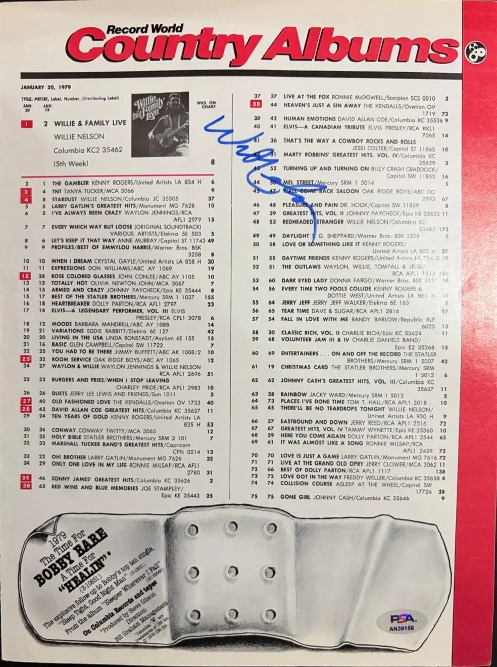 Willie Nelson — WILLIE NELSON SIGNED AUTOGRAPHED 11X14 MAGAZINE PAGE COUNTRY MUSIC CHART PSA