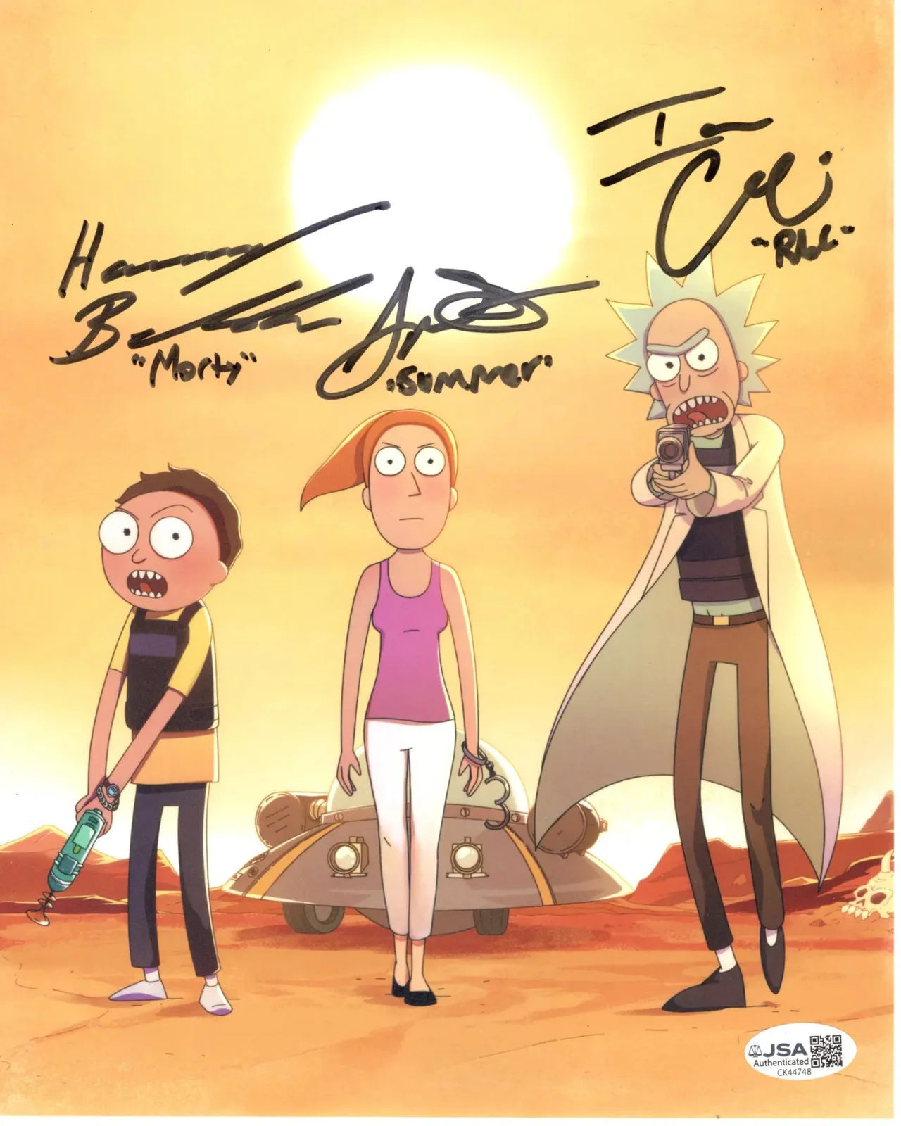 Ian Cardoni, Harry Belden, & Spencer Grammer — Ian Cardoni, Harry Belden & Spencer Grammer signed 8x10 Photo Rick and Morty JSA