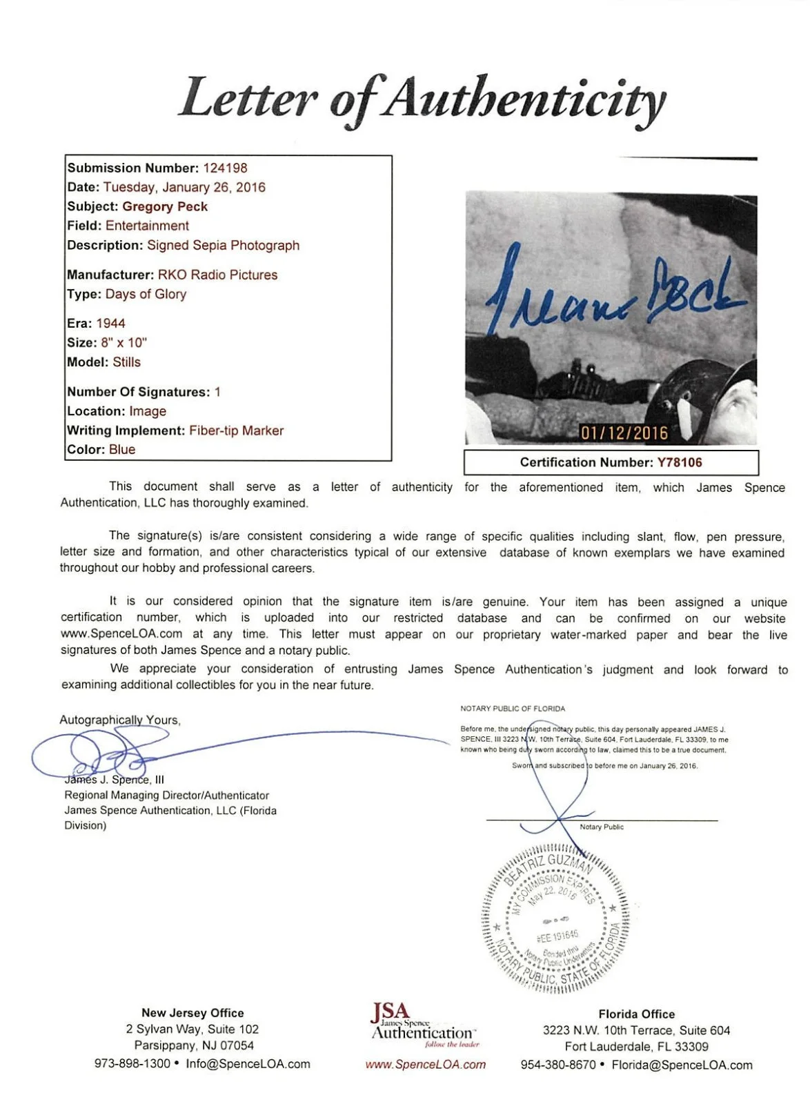 GREGORY PECK SIGNED JSA ACTOR, OSCAR WINNER 8X10 LETTER OF AUTHENTICITY #Y78106, изображение 2