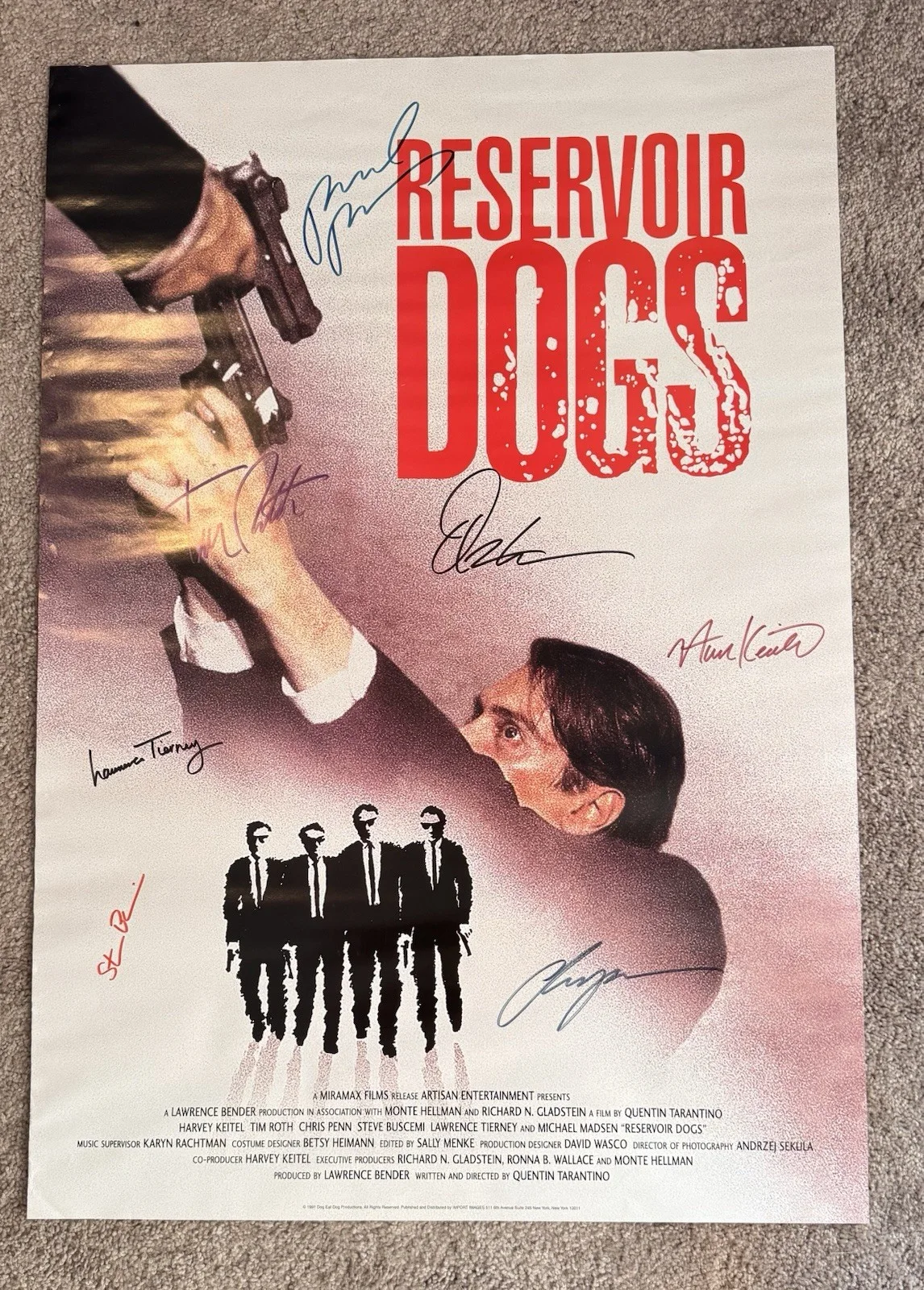 Tarantino, Buscemi, Keitel, Madsen, Roth, Penn, Tierney — Tarantino Reservoir Dogs CAST Signed 27x40 Poster – 7 Sigs - Buscemi, Keitel COA