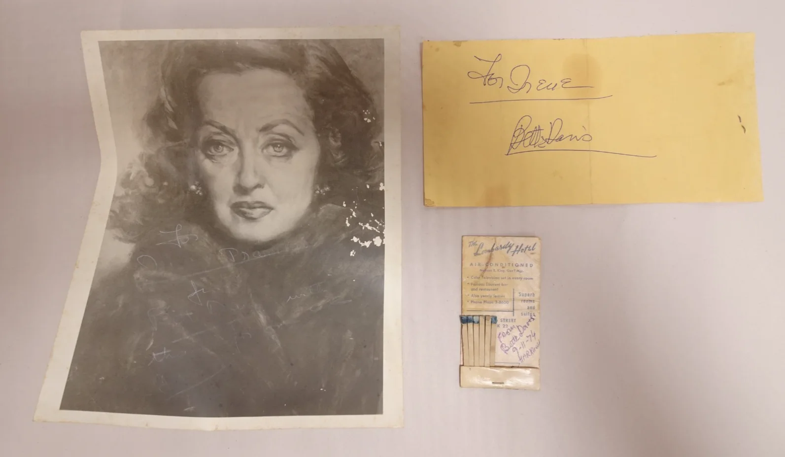 Bette Davis — Bette Davis Autographs 3 Photo Menu Matchbook September 1974 NY Pres. Hospital