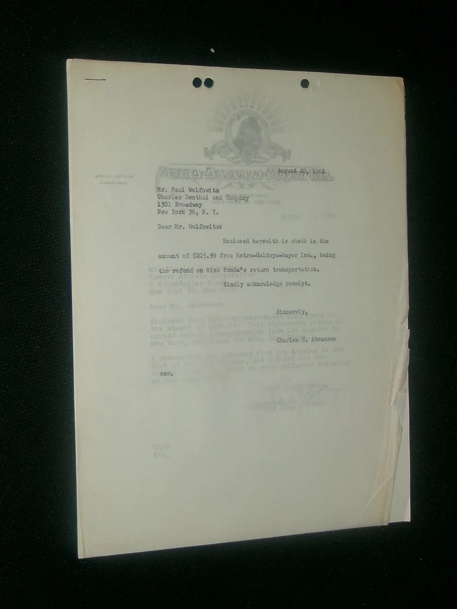 JANE FONDA Cover Letters For Transportation Check METRO GOLDWYN MAYER Letterhead, изображение 2