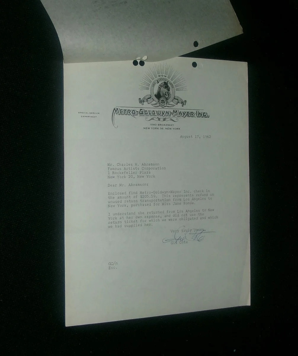 JANE FONDA Cover Letters For Transportation Check METRO GOLDWYN MAYER Letterhead, изображение 3