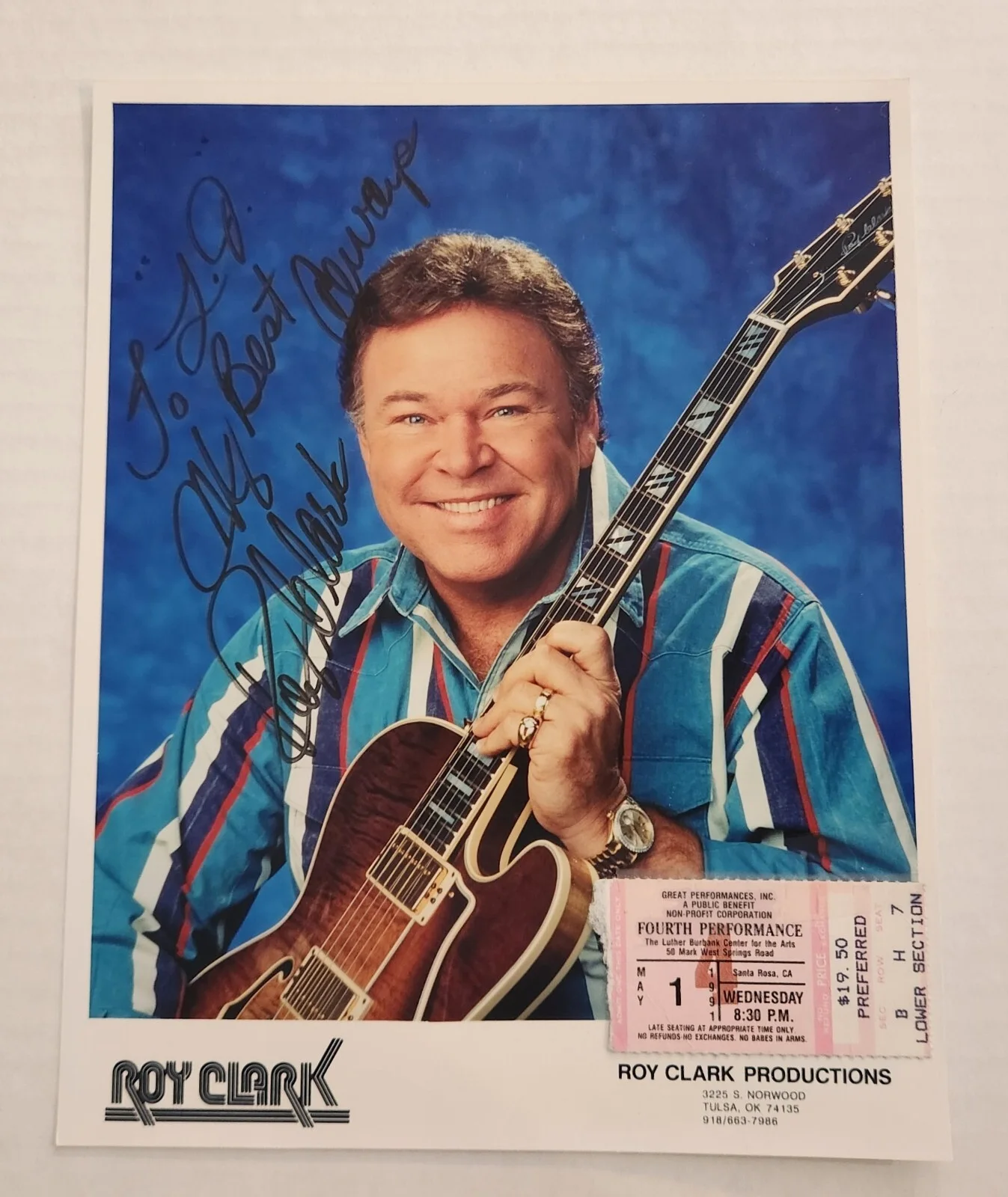 Roy Clark Hand Signed Photo 8X10 Country Music Singer HEE HAW 1991 Ticket Stub, изображение 2
