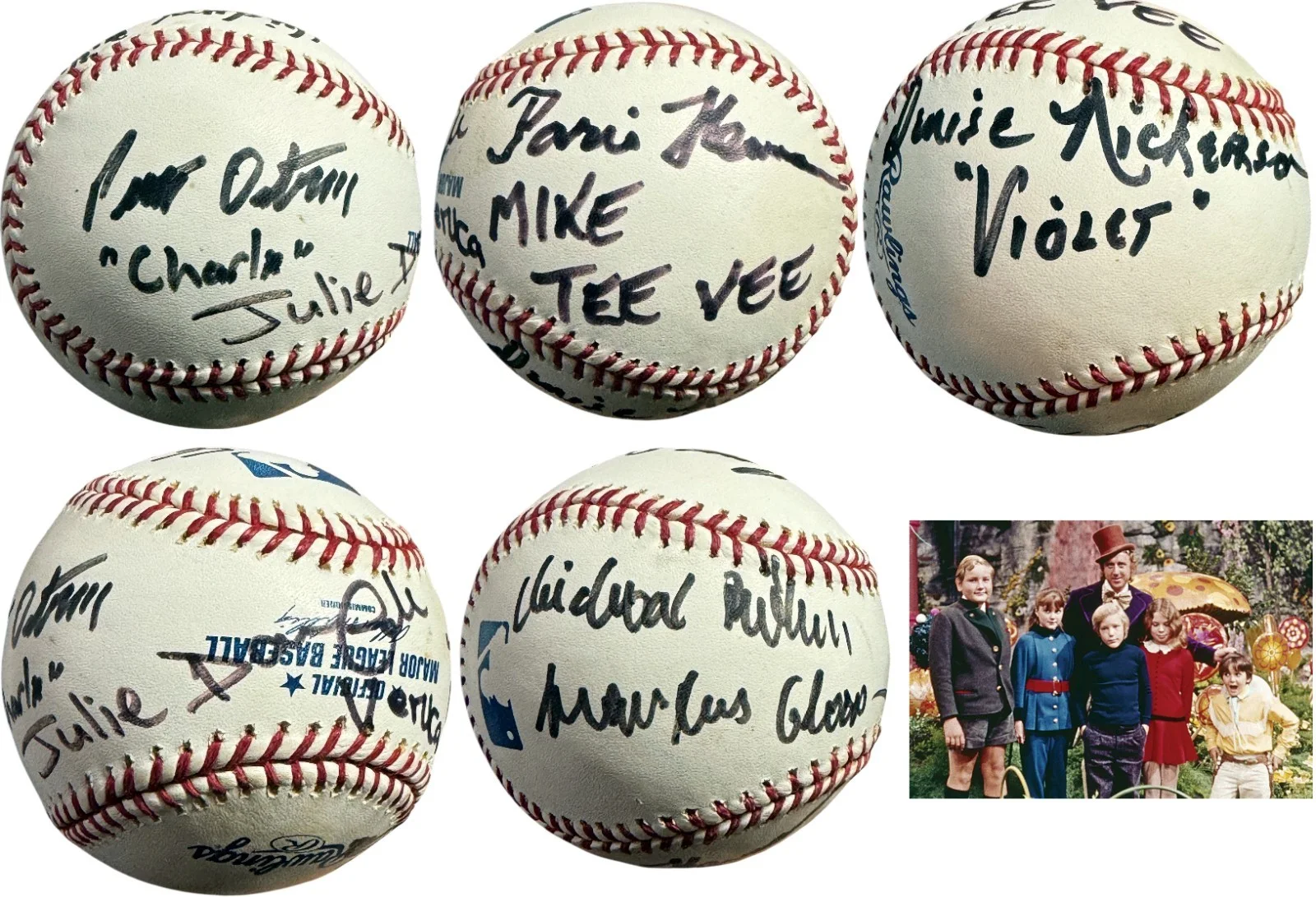 Peter Ostrum, Denise Nickerson, Michael Böllner, Paris Themmen — Willy Wonka Kids signed Cast 5 sigs MLB Baseball- Beckett Rev-Ostrum/Nickerson