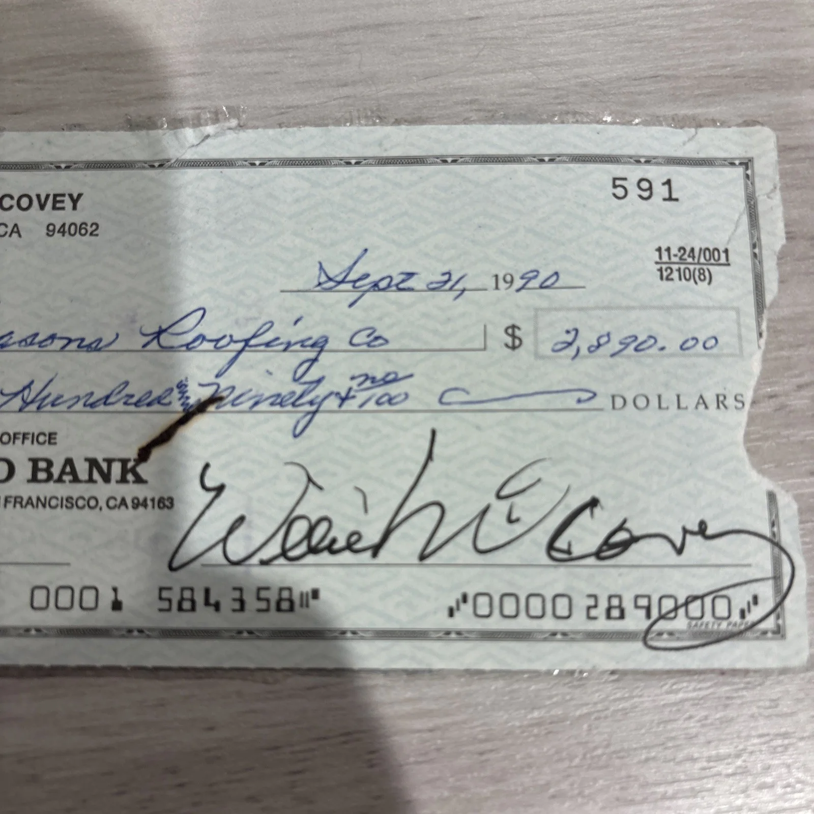Willie McCovey Signed Original Bank Check, image 2