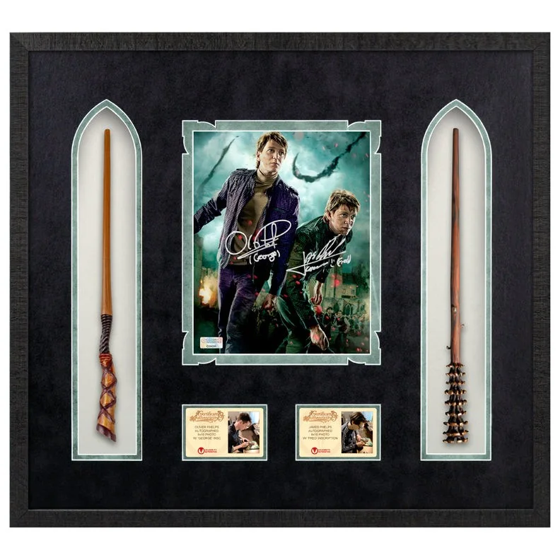 Oliver & James Phelps — Oliver & James Phelps Autographed Harry Potter Weasleys Wand 8x10 Framed Display