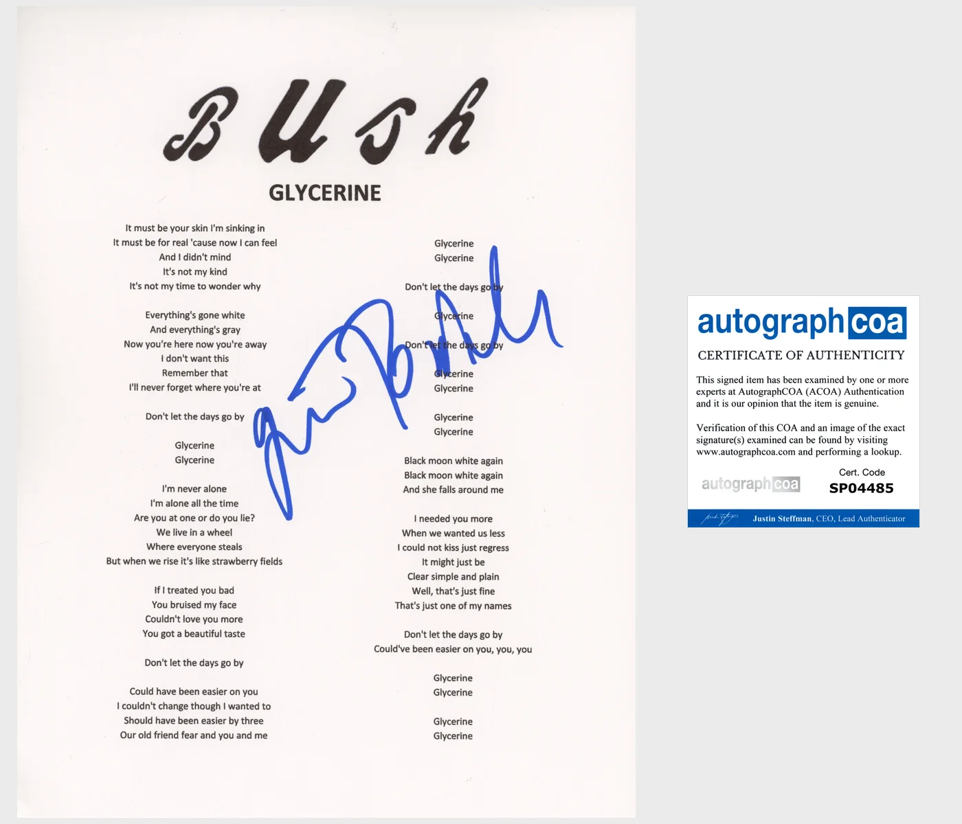 GAVIN ROSSDALE SIGNED BUSH GLYCERINE LYRIC SHEET w/EXACT PROOF & AUTOGRAPH COA, image 2