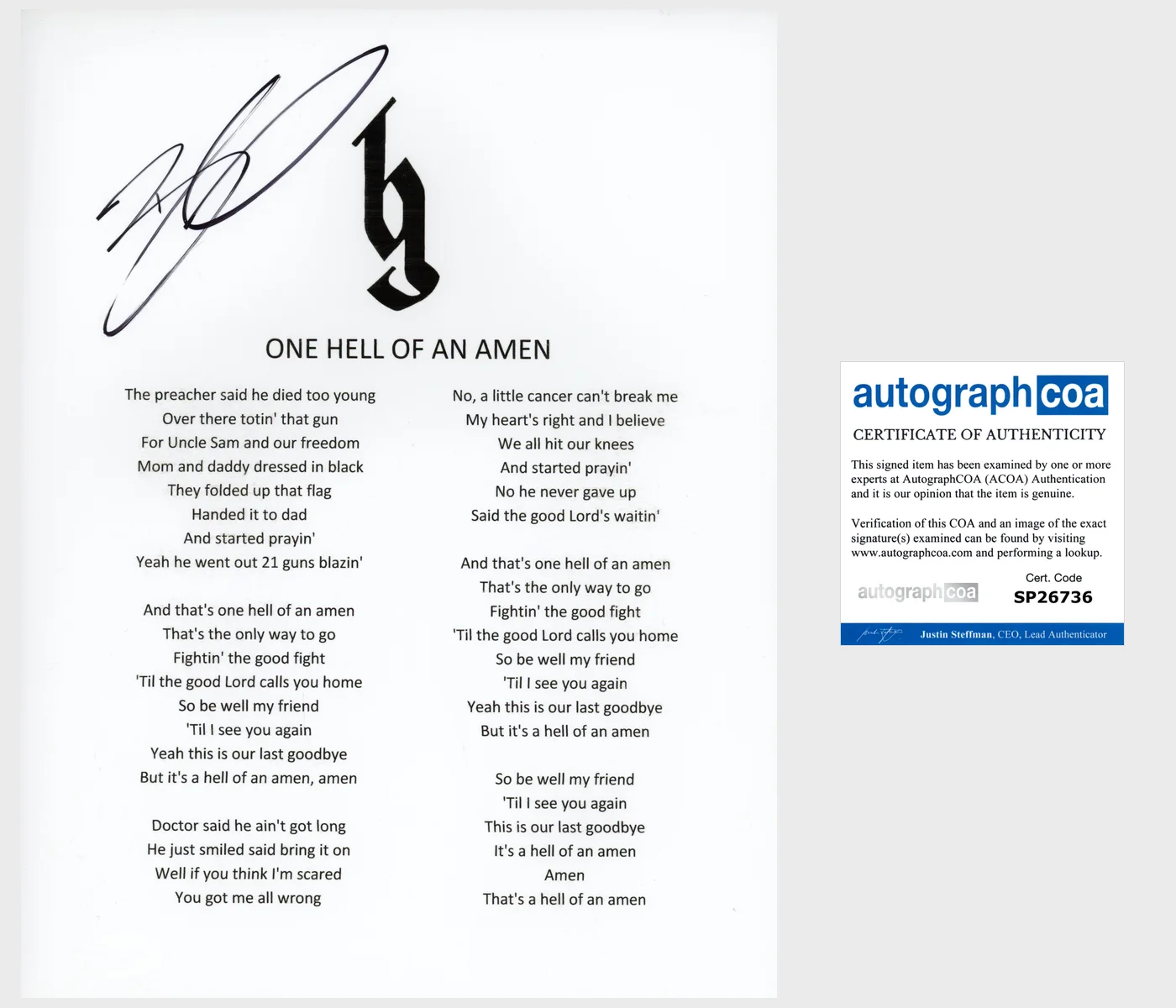 BRANTLEY GILBERT SIGNED ONE HELL OF AN AMEN LYRIC SHEET w/EXACT PROOF & ACOA COA, изображение 2