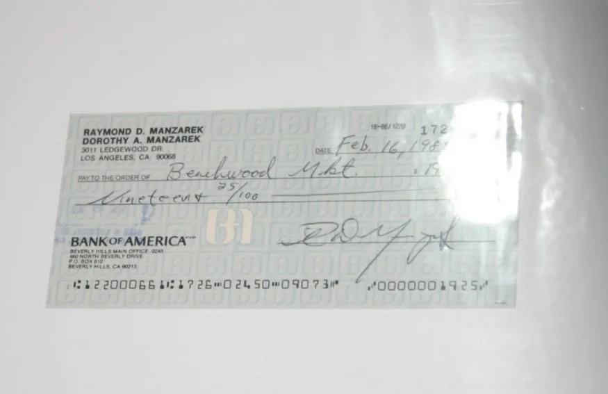 The Doors RAY MANZAREK signed personal check owned original autograph 1985, image 2