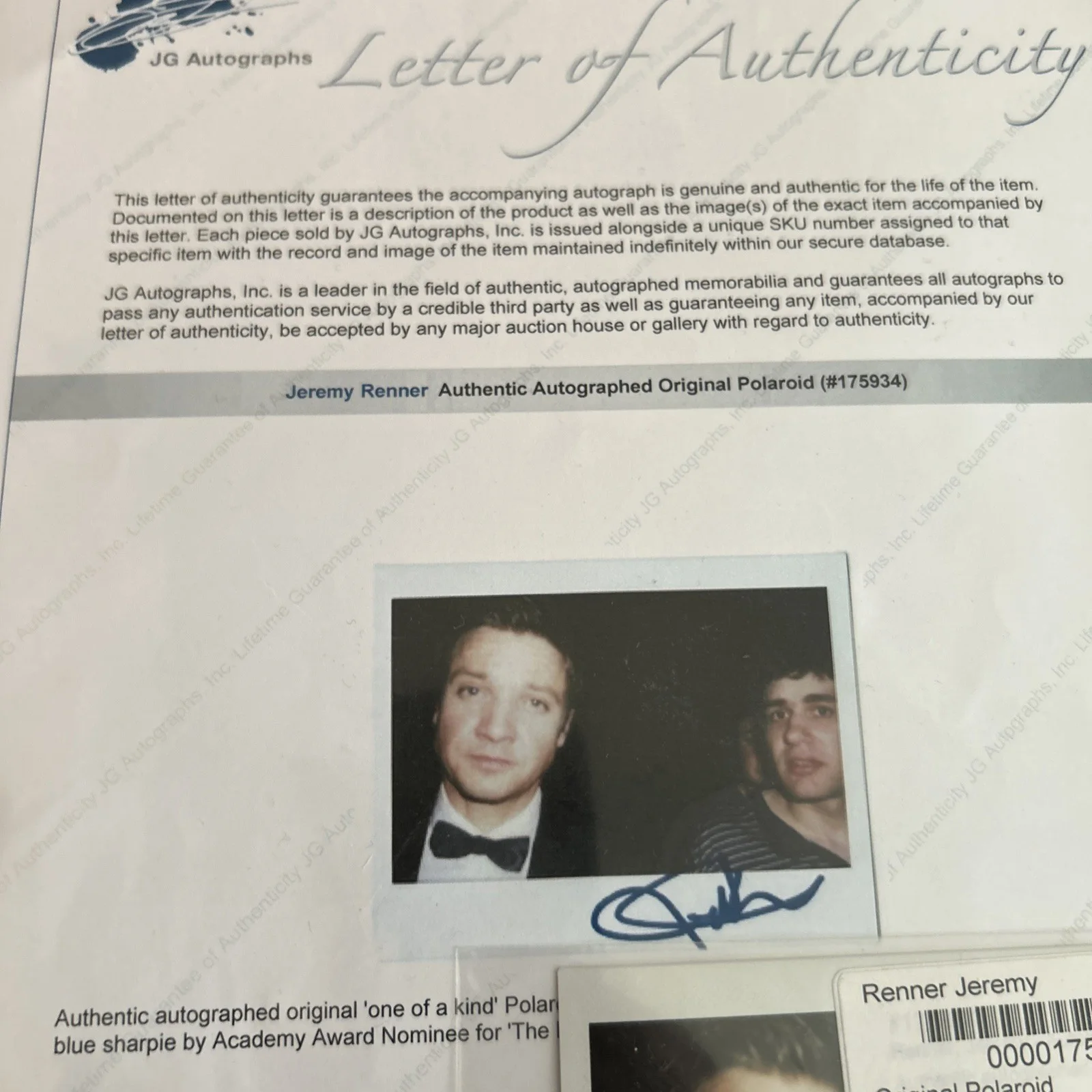 Jeremy Renner Signed Polaroid Marvel Avengers COA, image 3