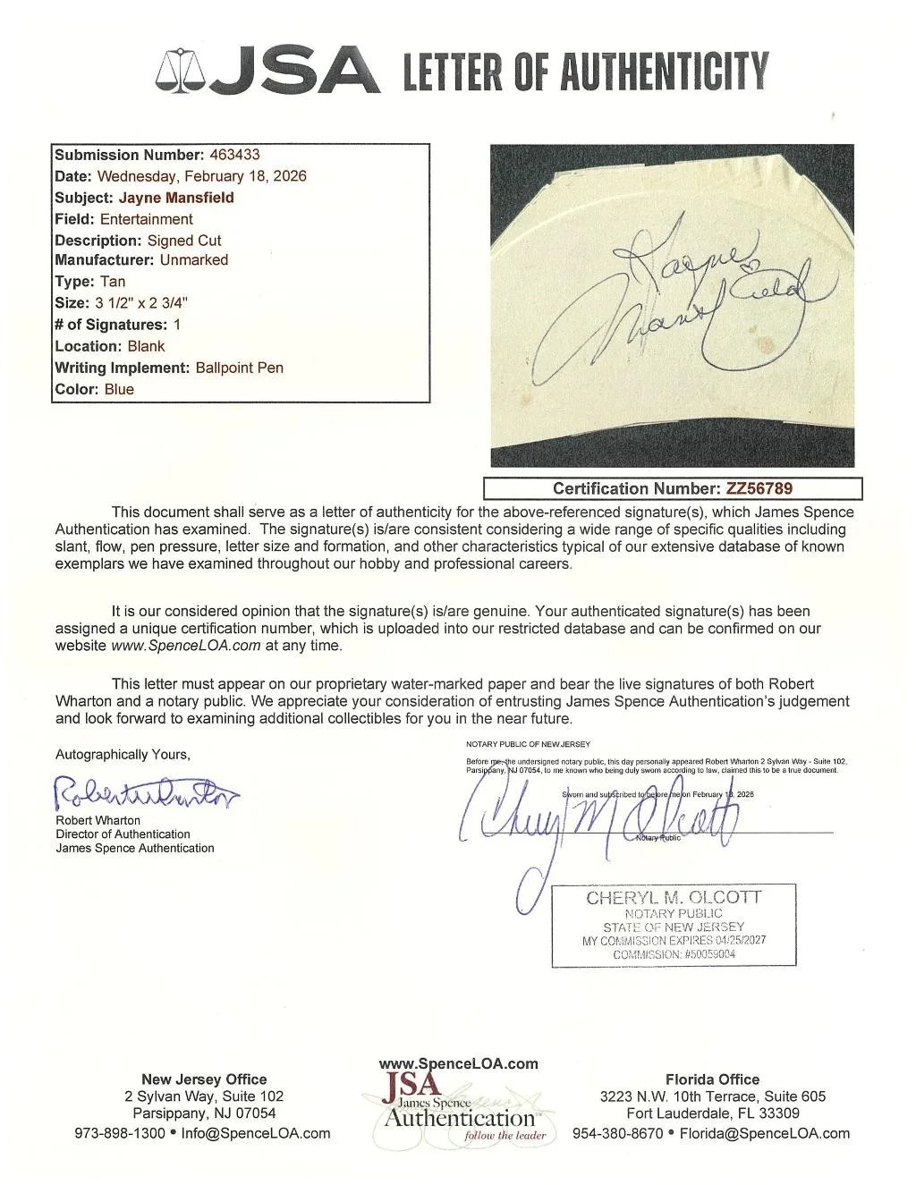 Jayne Mansfield Signed Authentic Autographed 4.5x3 Cut JSA #CH33688, image 4
