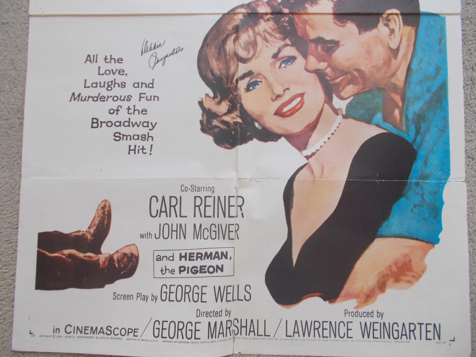 DEBBIE REYNOLDS — DEBBIE REYNOLDS ORIGINAL SIGNED VINTAGE THE GAZEBO 1960 ONE SHEET MOVIE POSTER, изображение 4