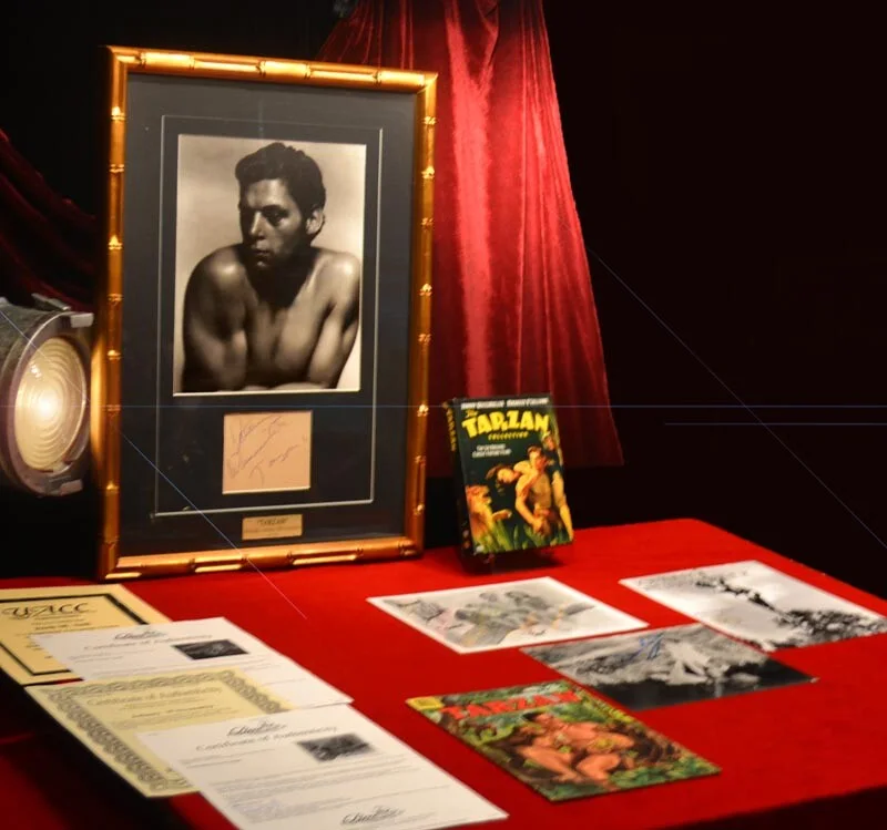 JOHNNY WEISSMULLER, Maureen O'Sullivan, Johnny Sheffield — Signed "Tarzan" 3 Autographs JOHNNY WEISSMULLER, DVD, COMIC, Piece of LOIN CLOTH