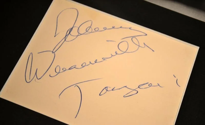 JOHNNY WEISSMULLER, Maureen O'Sullivan, Johnny Sheffield — Signed "Tarzan" 3 Autographs JOHNNY WEISSMULLER, DVD, COMIC, Piece of LOIN CLOTH, изображение 3