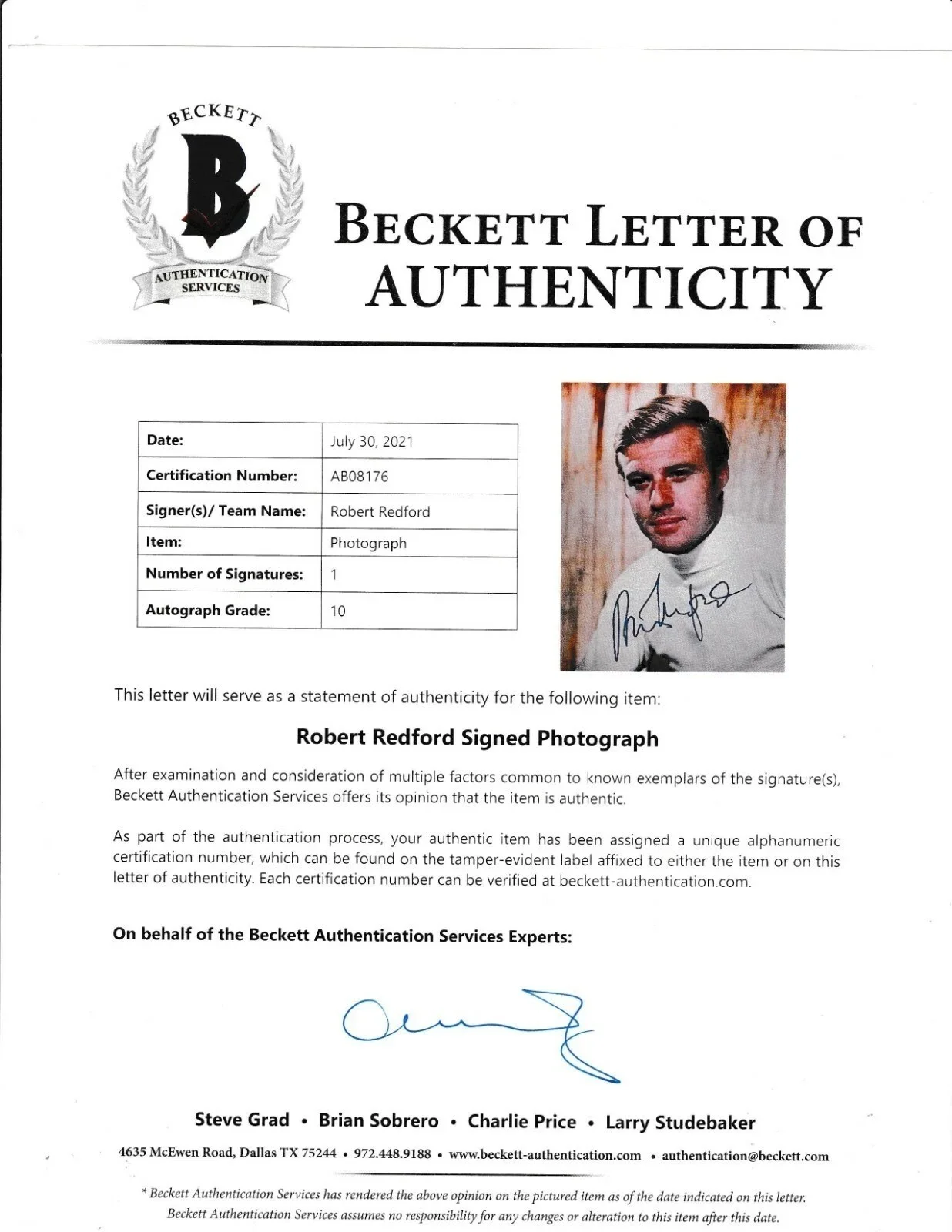 Robert Redford Signed 8x10 Photograph Beckett BAS GEM MINT 10 Auto, image 2