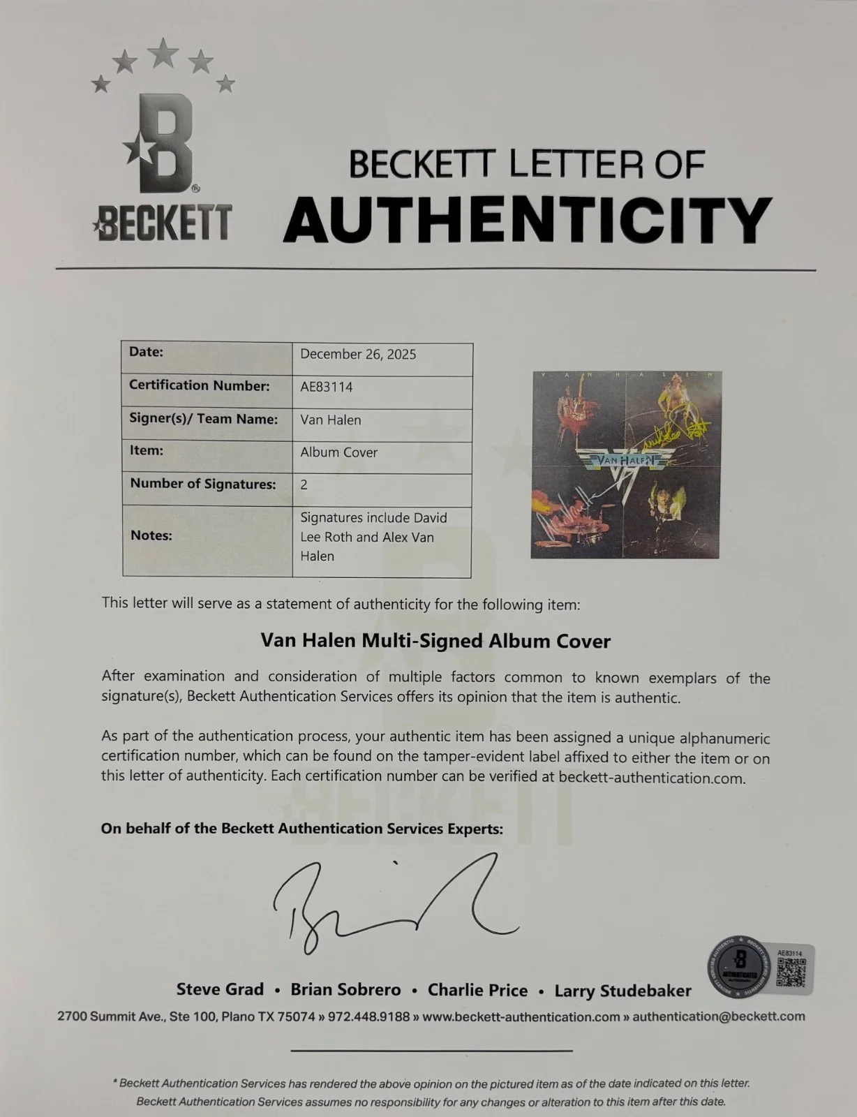 Van Halen Debut Vintage Signed Album Alex Van Halen David Lee Roth Beckett BAS, image 3